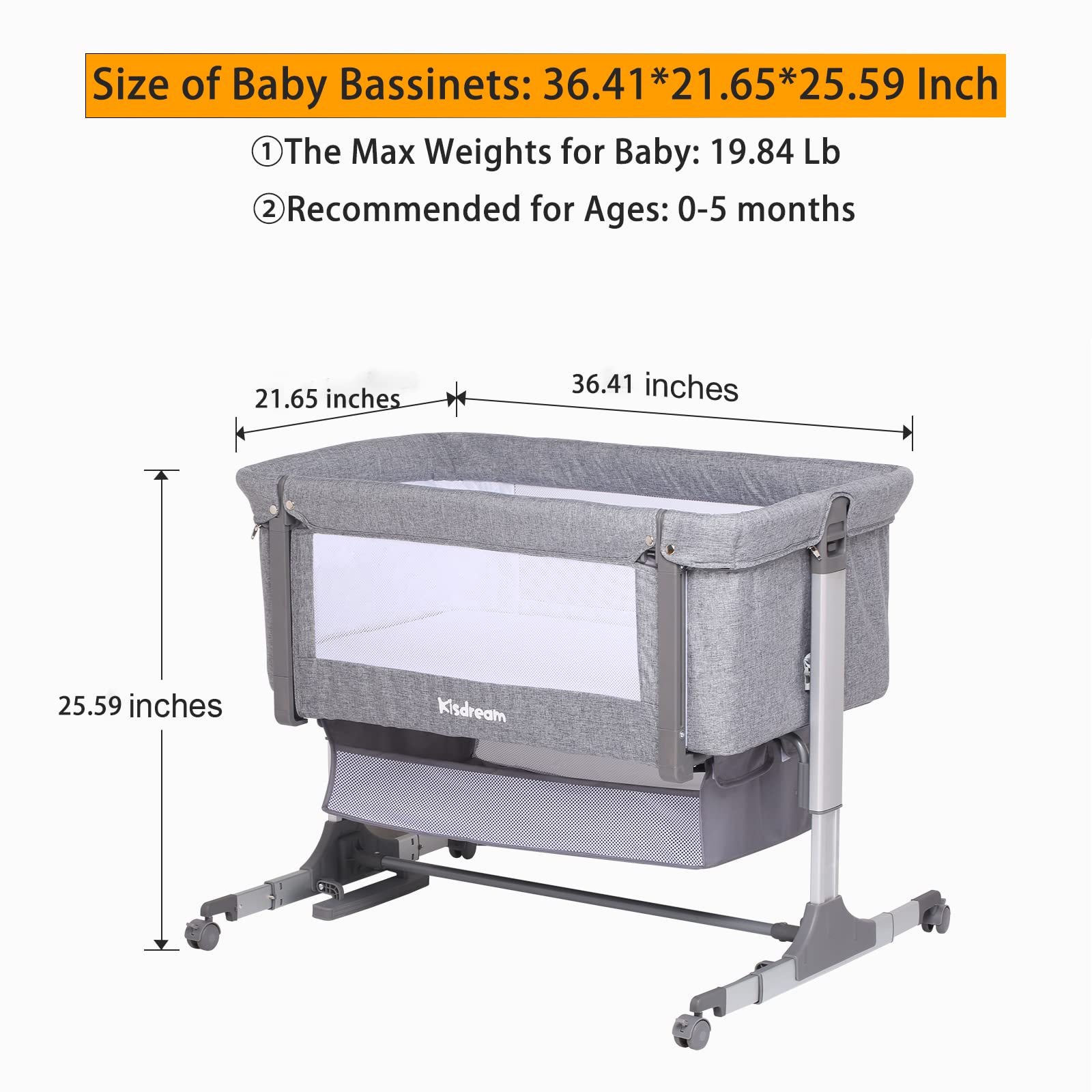 Kisdream Portable Baby Bassinet Bedside Co-Sleeper - Adjustable Height Safe Crib for Newborn & Infant - Perfect for Nursery, Bedroom & Travel Use with Tall Parent Beds