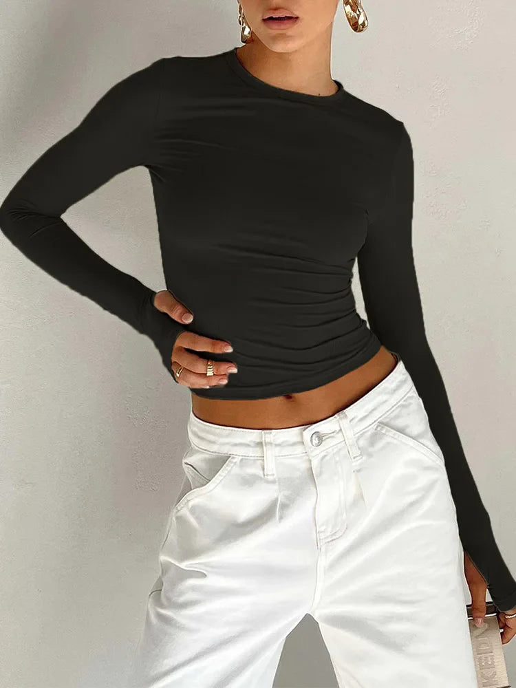 Stylish Women's Long Sleeve Crew Neck Slim Fit Crop Top with Thumb Holes - Solid Color Casual Streetwear T-Shirt for Summer | Perfect for Daily Wear, Gym, Yoga & Outdoor Activities