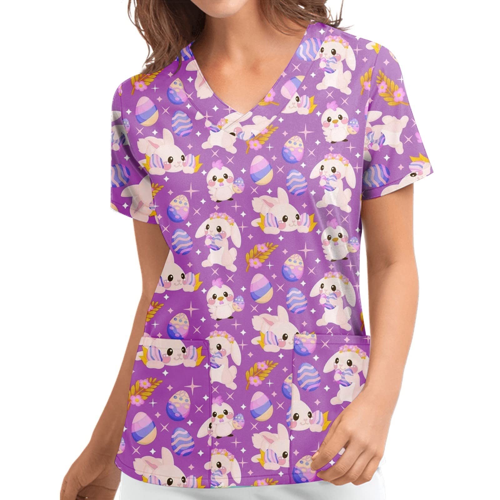 Women's Short Sleeve V-Neck Printed Scrub Tops - Comfortable Workwear Uniform Tunics for Nurses, Medical Professionals & Healthcare Workers