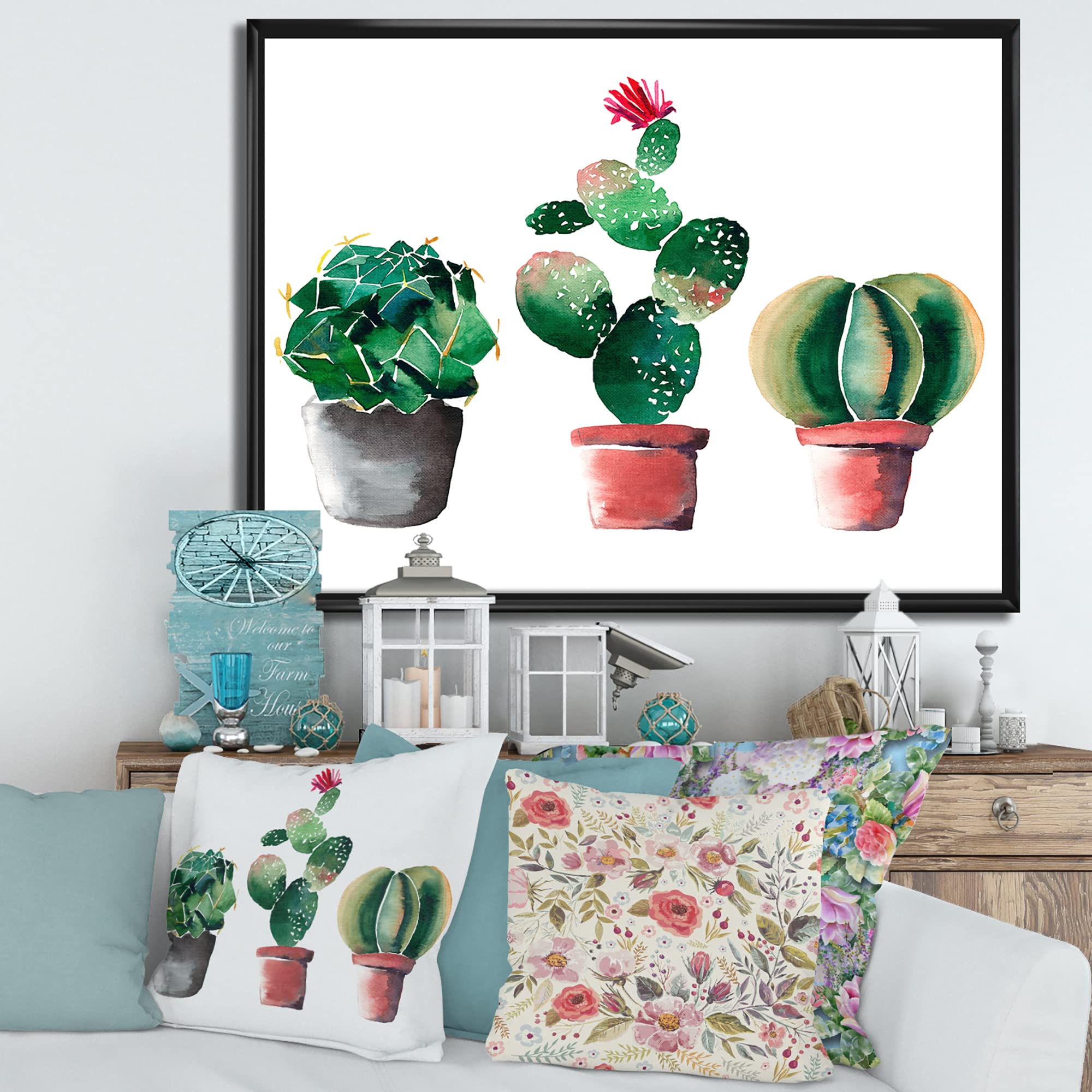 DesignQ Three Cactus In Clay Pots - Traditional Framed Canvas Wall Art Print for Home & Office Decor | Southwestern Style Wall Hanging | Perfect for Living Room, Bedroom or Workspace