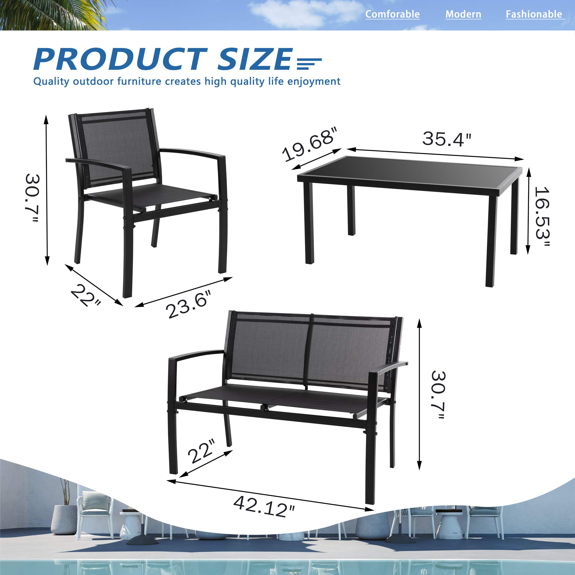 Vongrasig 4-Piece Outdoor Patio Furniture Set - Modern Textilene Bistro Set with Loveseat & Glass Coffee Table - Black Patio Conversation Set for Lawn, Balcony, Garden or Poolside Relaxation