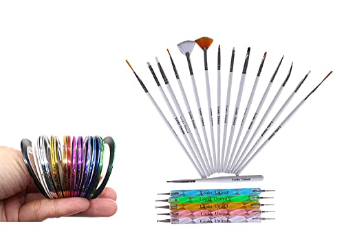 First Beauty 15-Piece Nail Art Brush Set with 5 Dual-Ended Dotting Tools & 11 Nail Art Striping Tape Rolls (31-Piece Kit) – Perfect for DIY Nail Designs, Salon Professionals, and Home Manicures