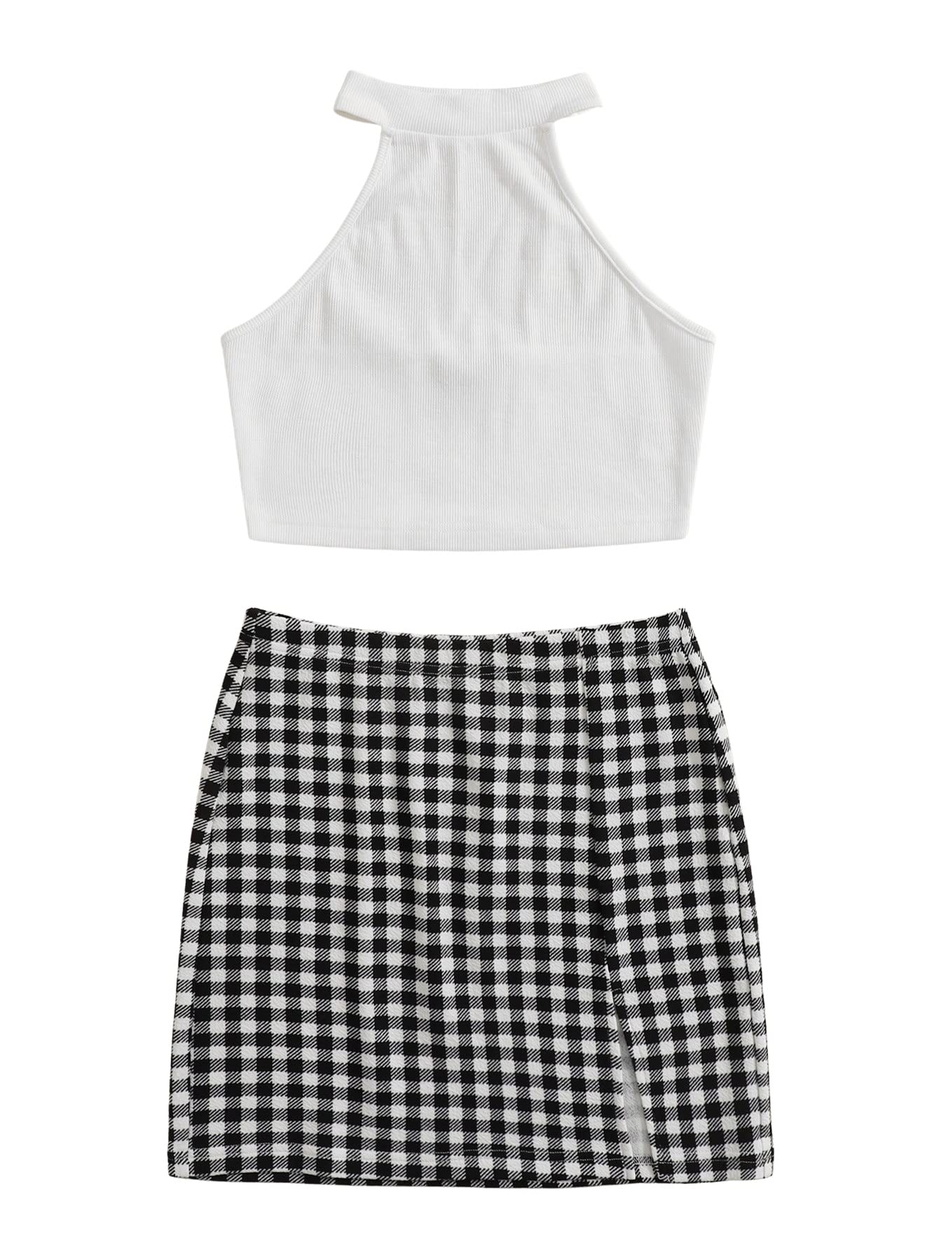 Stylish Women's 2-Piece Casual Outfit - Crop Halter Top & Plaid Mini Skirt Set | Perfect for Summer, Beach, Parties & Date Nights
