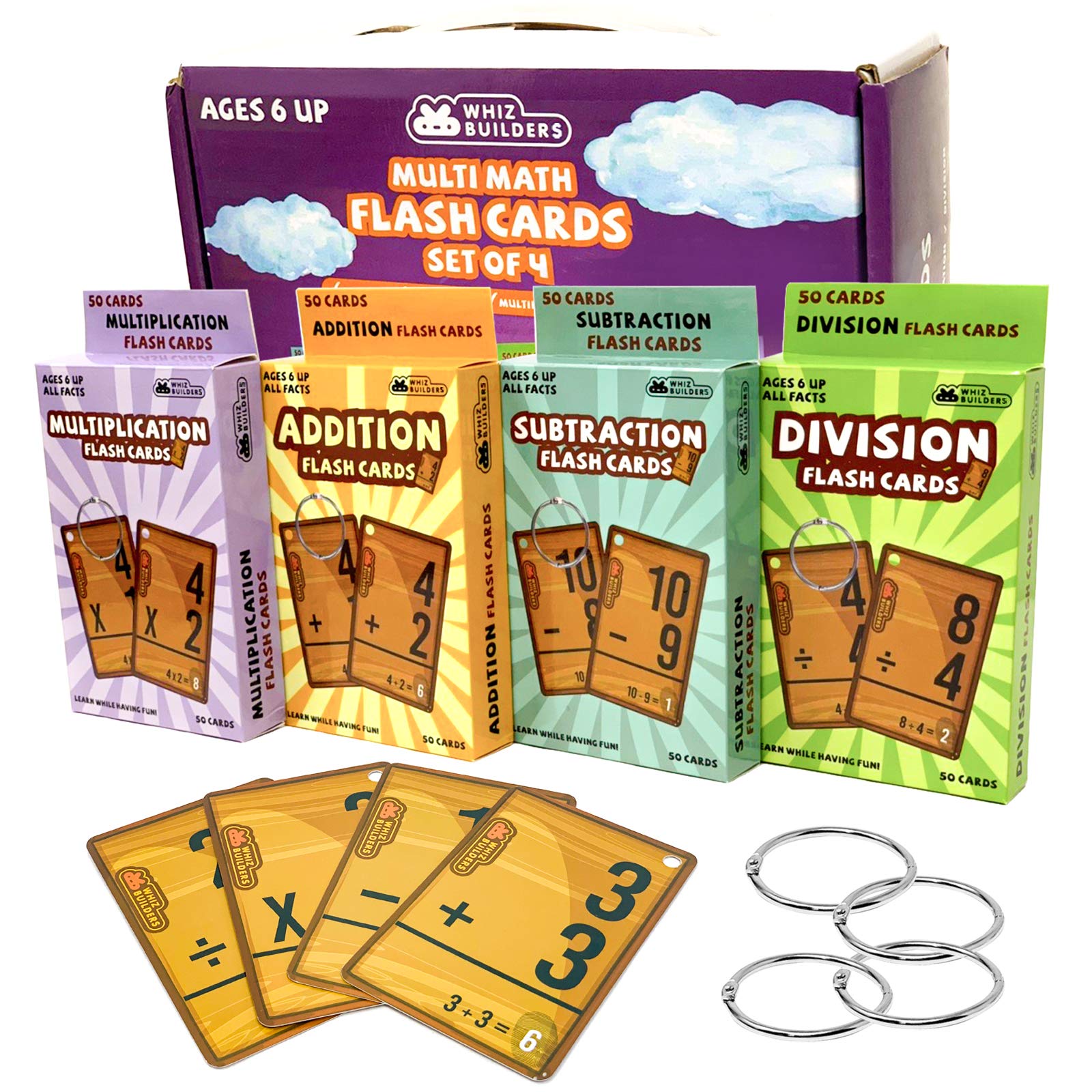 Math Flash Cards 208-Piece Set - Addition, Subtraction, Multiplication & Division Facts 0-20 - 4 Ring Binder for Kindergarten to 6th Grade - Perfect for Homeschooling, Classroom & Math Practice at Home