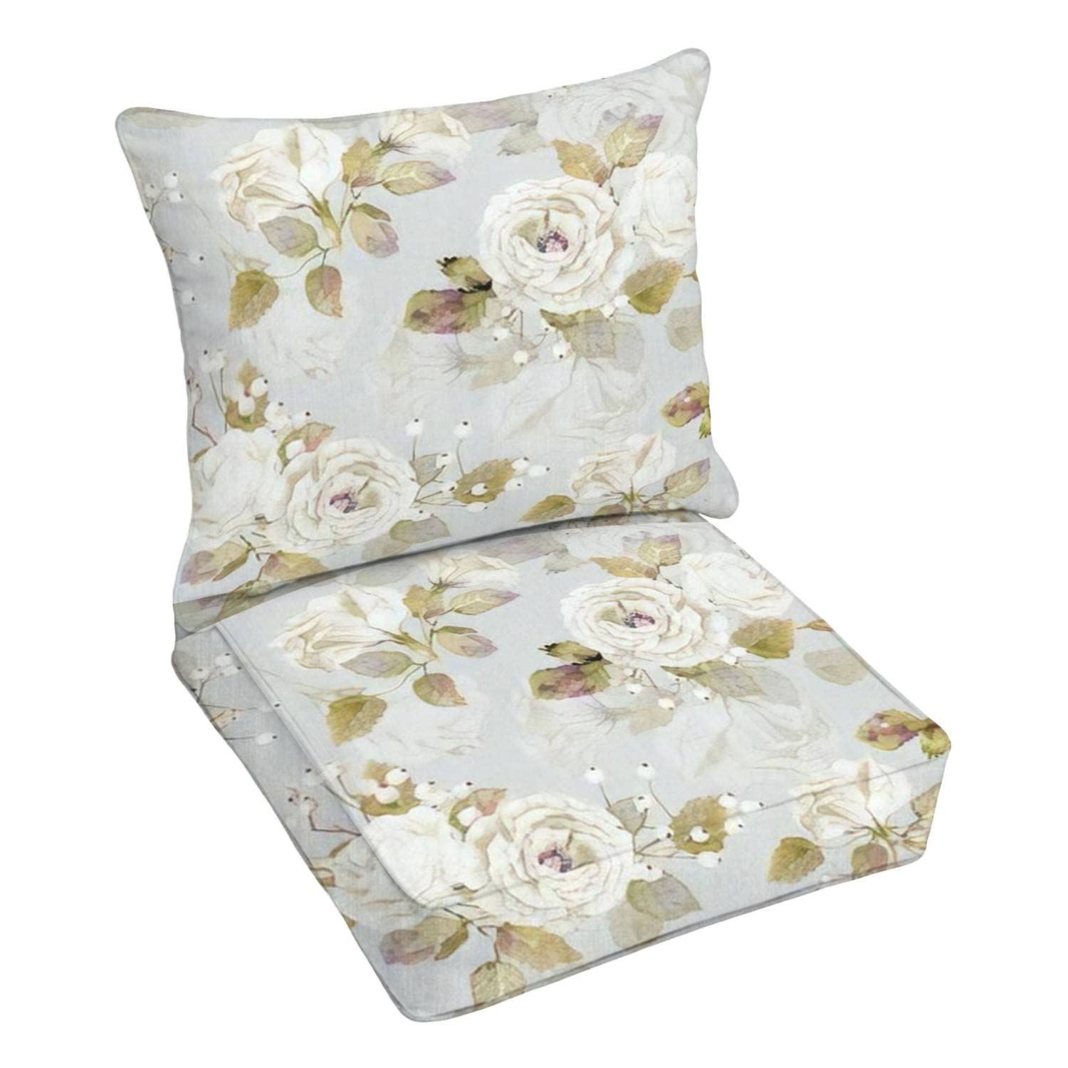 Watercolor White Roses Outdoor Deep Seating Cushion Set - Vintage Floral Patio Furniture Replacement Cushions for Lounge Chairs & Conversation Sets - Weather-Resistant Premium Cushions for Garden, Poolside & Backyard Relaxation