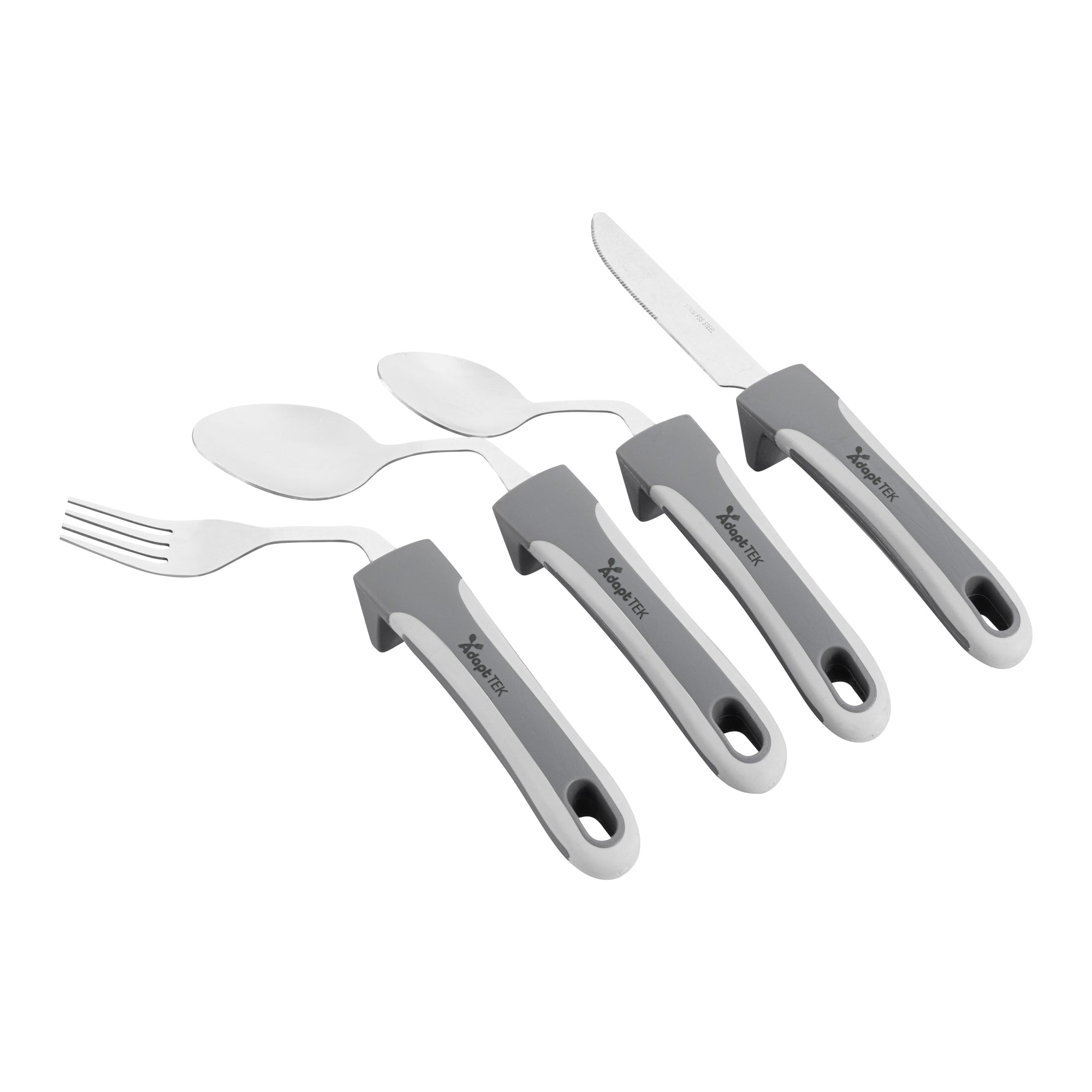 Adapt Tek Gray Stainless Steel 4-Piece Adaptive Offset Utensil Set for Right-Handed Users - Lightweight, Non-Slip Grip - Perfect for Arthritis & Limited Mobility (1 Count Box) - Ideal for Cooking, Baking & Everyday Kitchen Tasks