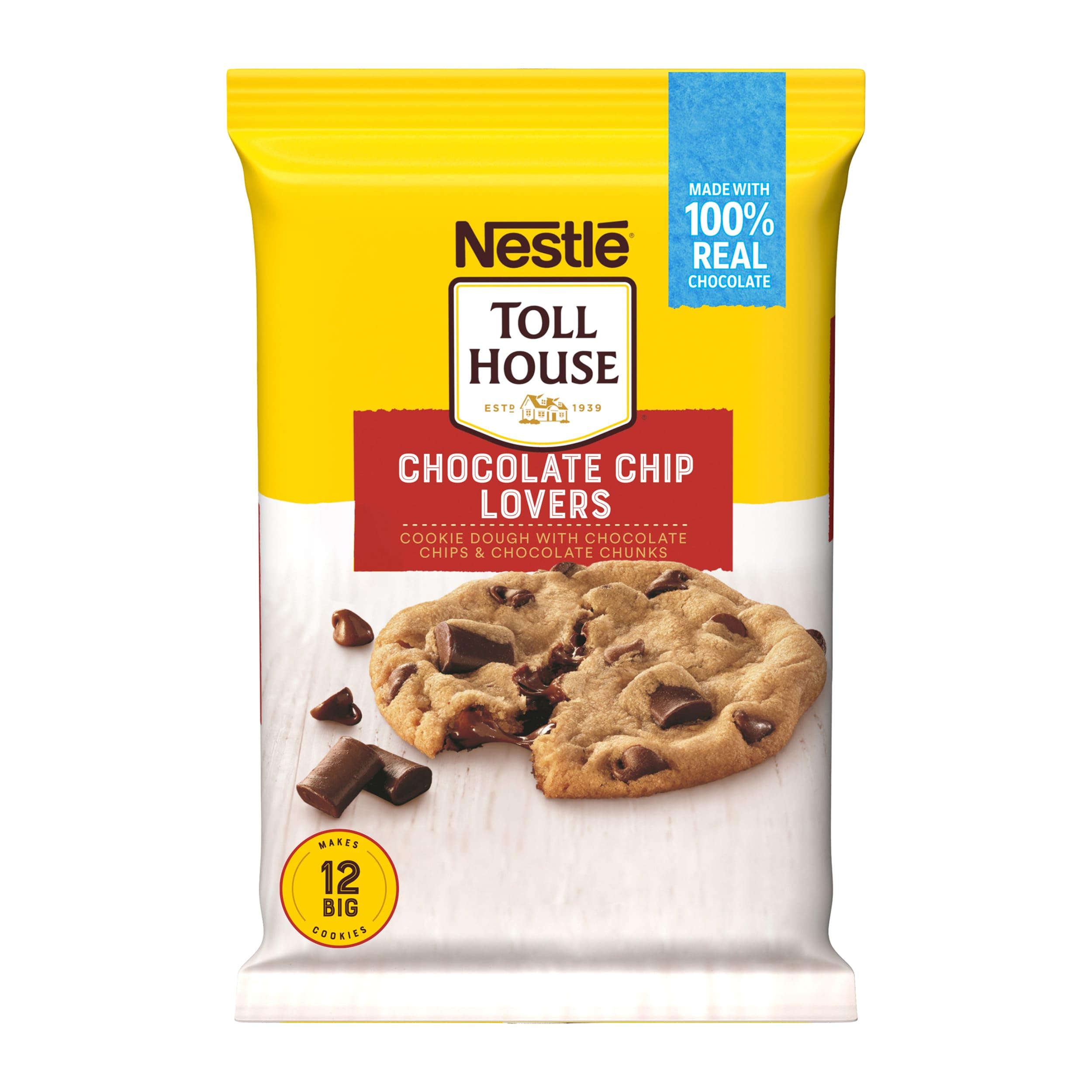 Nestle Toll House Chocolate Chip & Chunk Cookie Dough - 16oz Pack of 12 Ready-to-Bake Cookies with 100% Real Chocolate | Perfect for Parties, Baking with Kids & Holiday Treats
