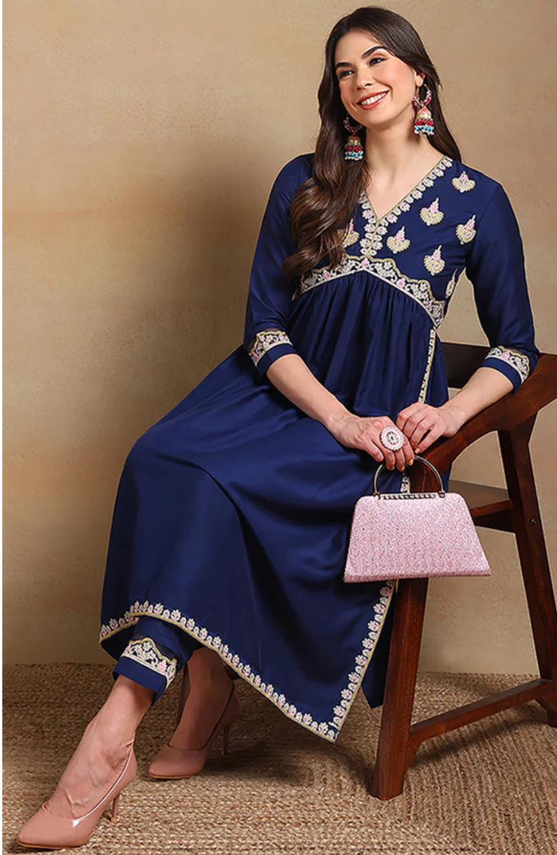 Navy Blue Silk Blend Embroidered Flared Kurta Set for Women | Elegant Indian Ethnic Wear | Perfect for Festivals, Weddings & Parties