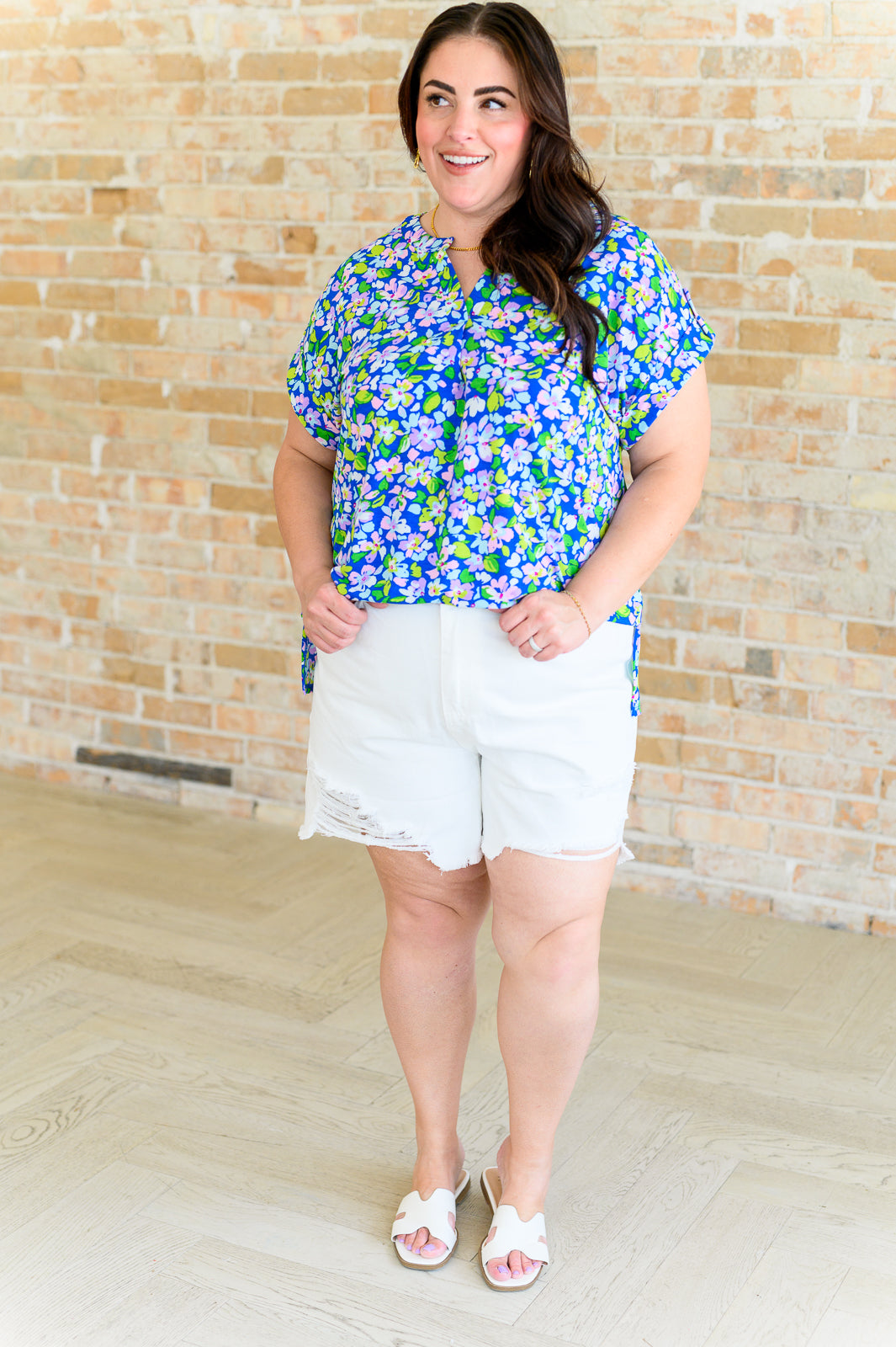 Lizzy Cap Sleeve Top - Floral Print Women's Blouse in Royal Blue & Pink | Casual Summer Tops for Women, Perfect for Beach Outings & Date Nights