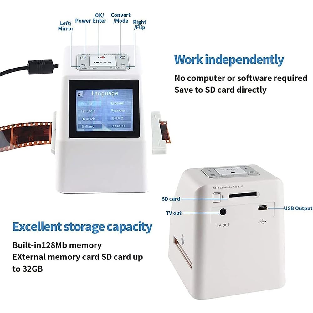 Digital Film & Slide Scanner - 20MP High Resolution, Converts 135mm, 126, 110, Super 8 & 8mm Film Negatives/Slides to JPEG - Perfect for Photo Restoration, Archiving Old Memories & Digitizing Family History