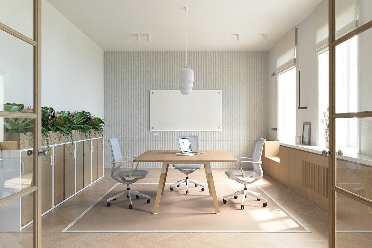 Modern Boardroom Table with Quadro A Wood Legs & Rounded Corners - 1100L x 1100W Conference Table for Office Meetings & Executive Workspaces
