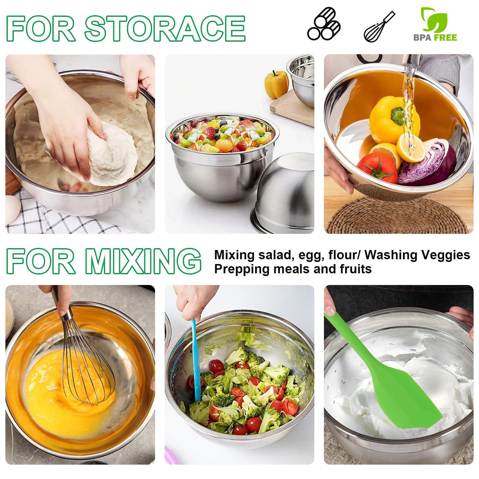 Premium Stainless Steel Mixing Bowls Set with Airtight Lids (5.5QT,4.2QT,3.5QT,2.5QT,1.5QT,1QT) - 21-Piece Nesting Kitchen Bowls for Baking, Cooking & Food Prep - Includes 3 Grater Attachments & Colorful Lids - Perfect for Meal Prep, Mixing Ingredients & Storing Leftovers