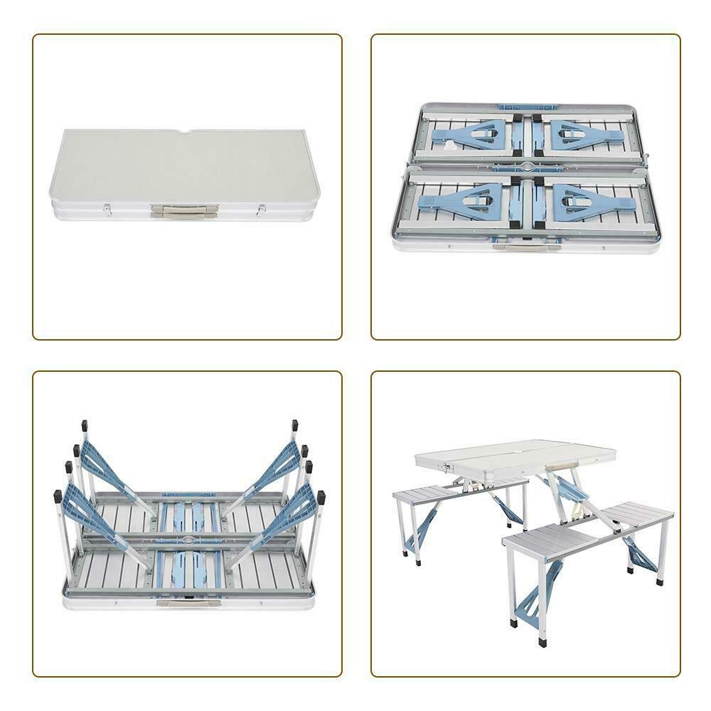 Portable Aluminum Folding Camping Picnic Table Set with 4 Bench Chairs - Lightweight Outdoor Dining for Camping, Backyard, Beach & Tailgating