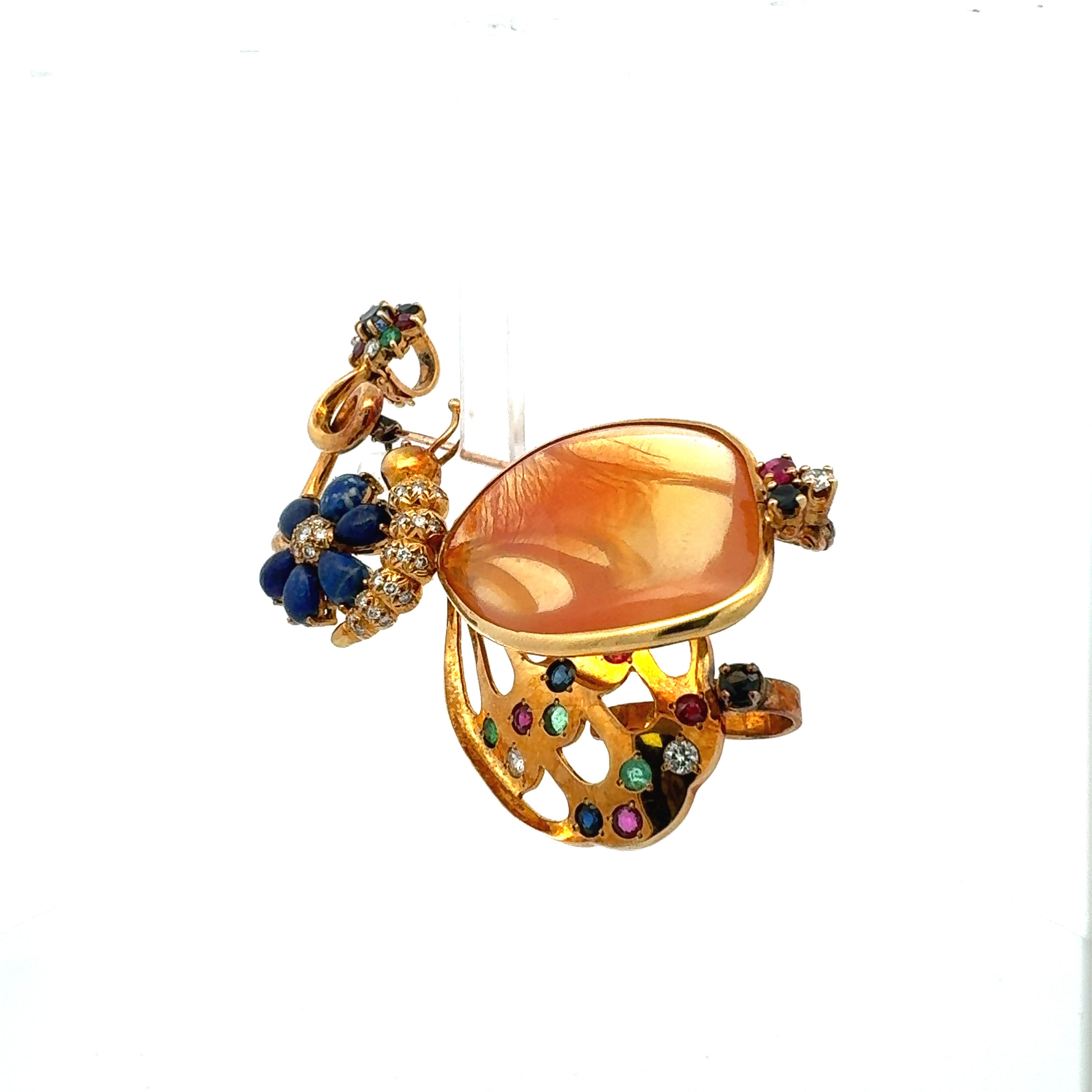 0.80 Carat Sapphire 0.65 Carat Diamond 0.60 Carat Ruby & Emerald 18K Yellow Gold Brooch Pin - Elegant Jewelry Gift for Women, Perfect for Weddings, Anniversaries & Special Occasions