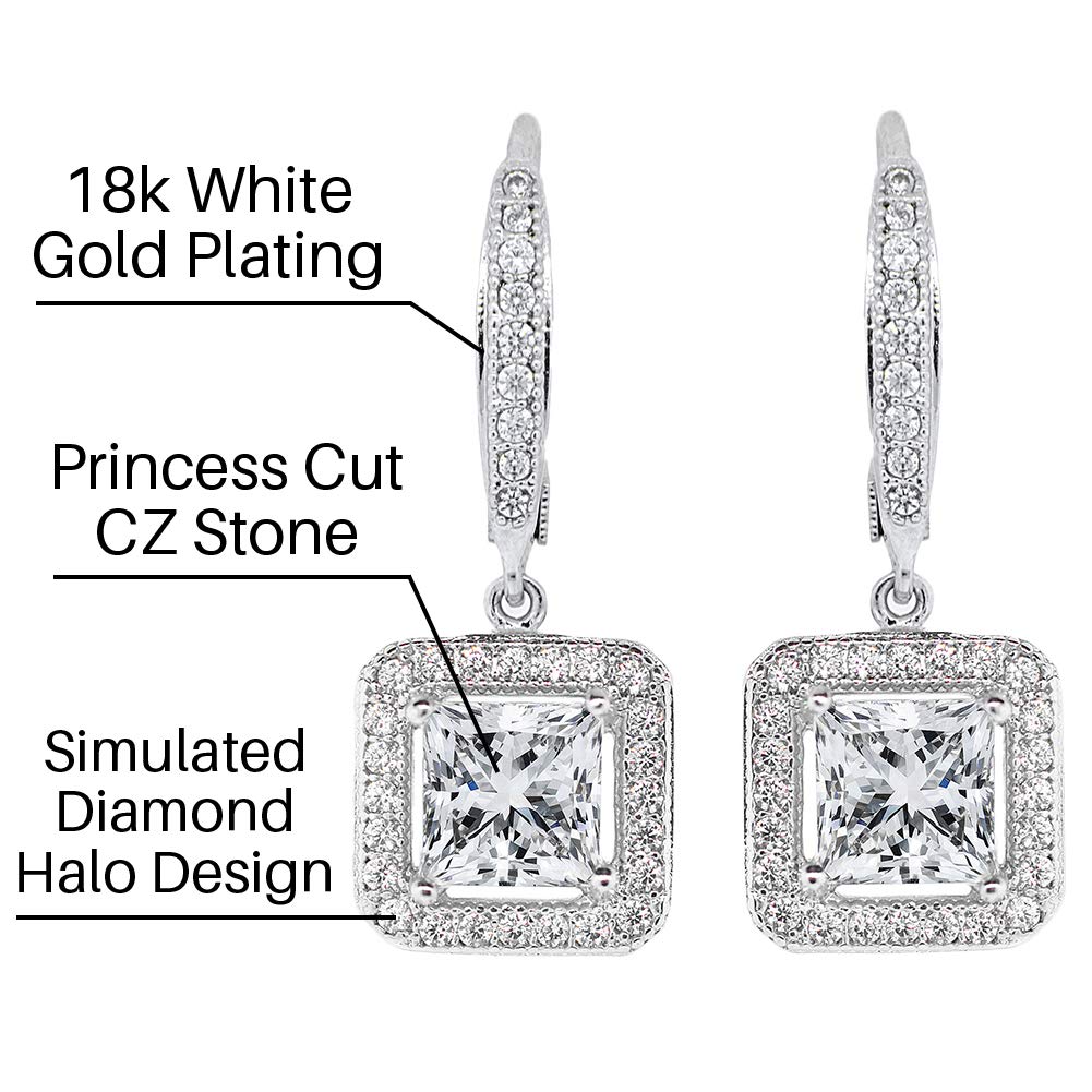 Cate & Chloe Ivy 18k White Gold Cubic Zirconia Pendant Necklace & Dangle Earrings Set for Women | Princess Cut Bridal Jewelry | Perfect for Weddings, Anniversaries & Special Occasions