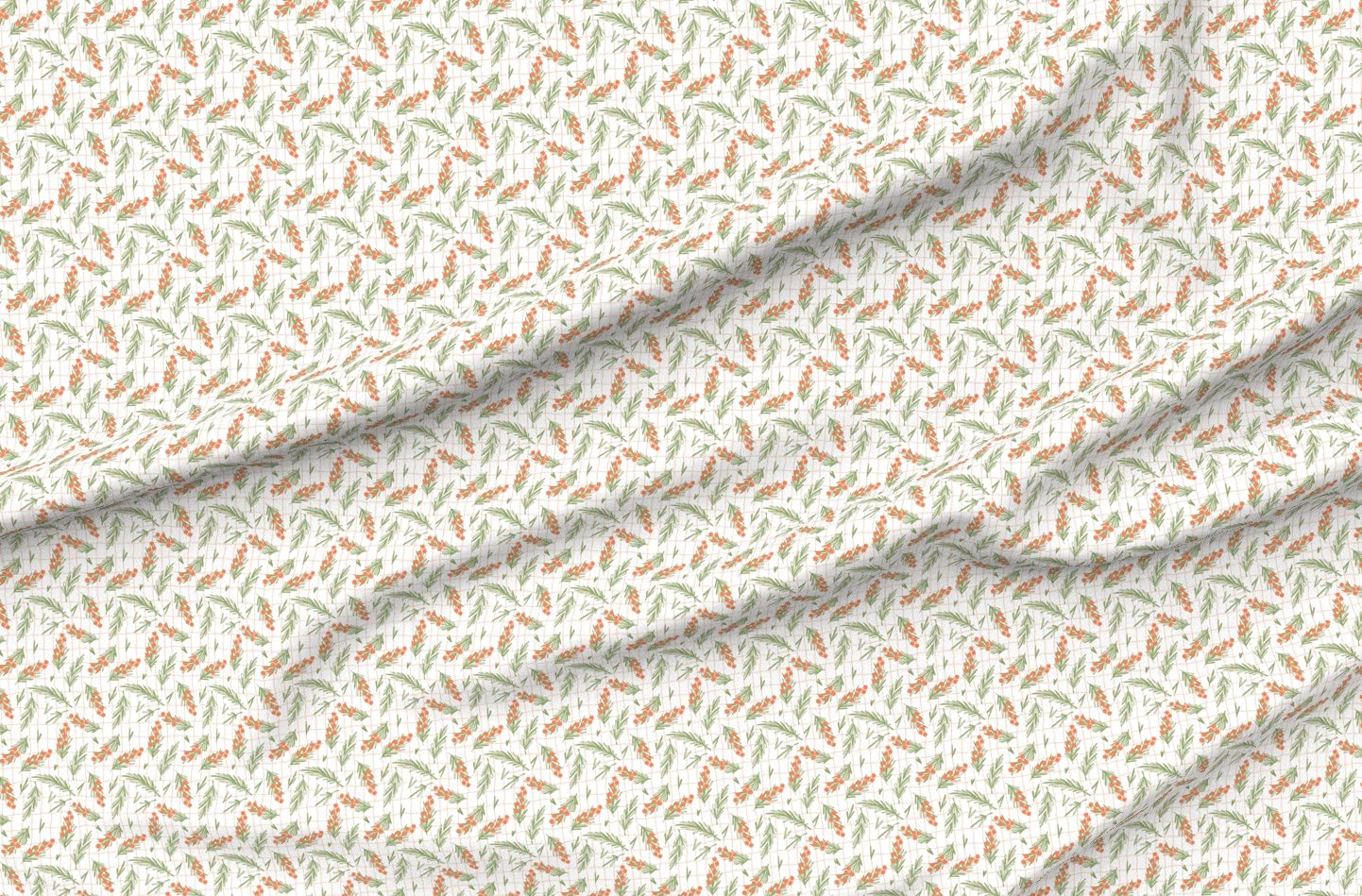 Green Leaves Orange Berries Summer Grid Printed Minky Fabric by The Yard - Soft Plush Fabric for Sewing Baby Blankets, Quilt Backing & DIY Plush Toys - Perfect for Nursery Decor, Home Crafts and Gift Making