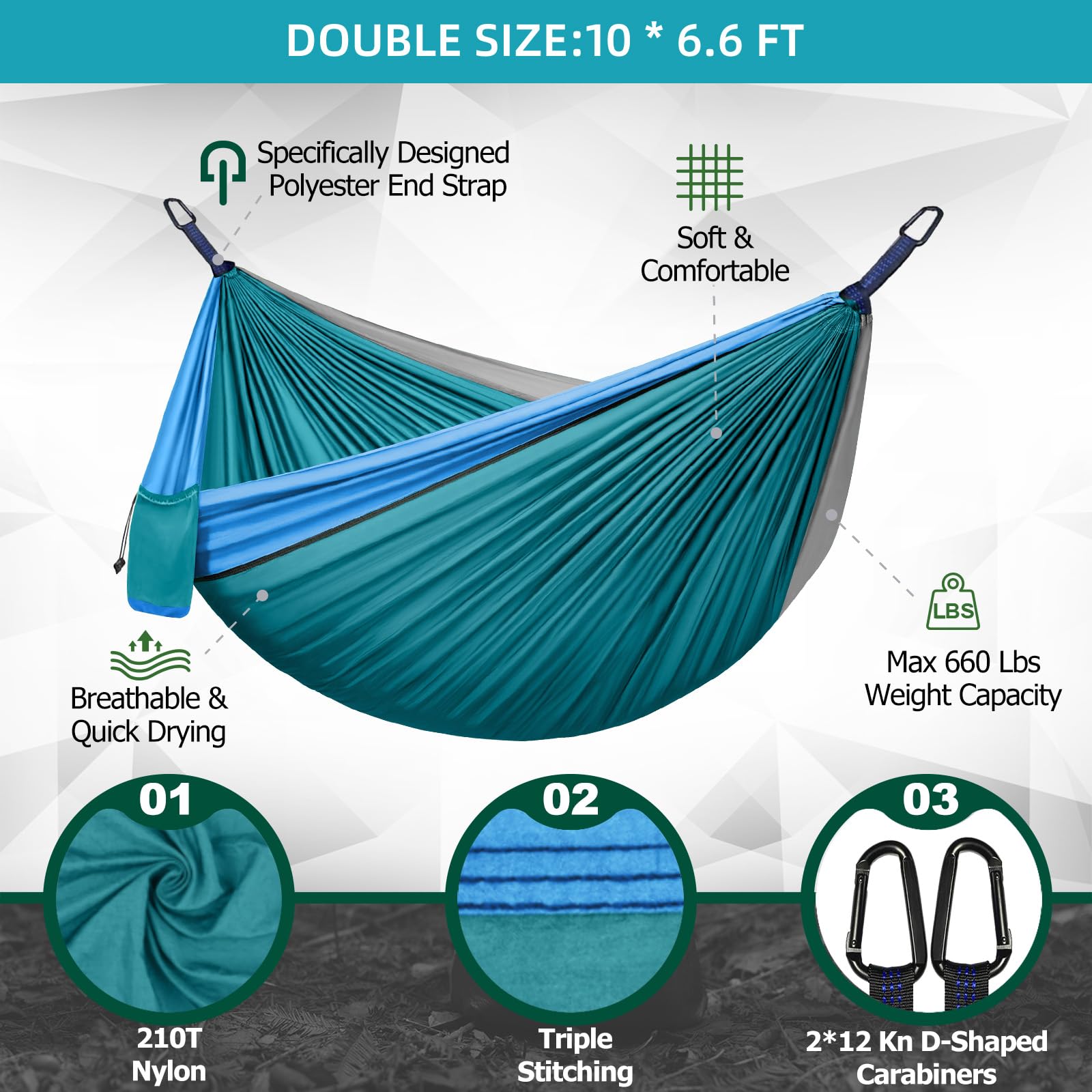 Double Camping Hammock for 2 Persons - Lightweight Portable 210T Nylon Parachute Hammock with 2 Tree Straps (16+2 Loops) - Perfect for Backpacking, Hiking, Beach, Travel & Outdoor Adventures - Lake Blue - Great for Couples Camping, Backyard Relaxation and Forest Getaways