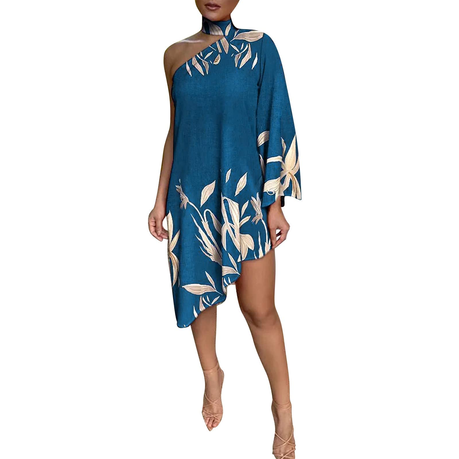 One Shoulder Dresses for Women 2024 - Spring Summer Casual Batwing Sleeve Cocktail Dress with Vintage Graphic Print | Perfect for Parties, Weddings & Date Nights