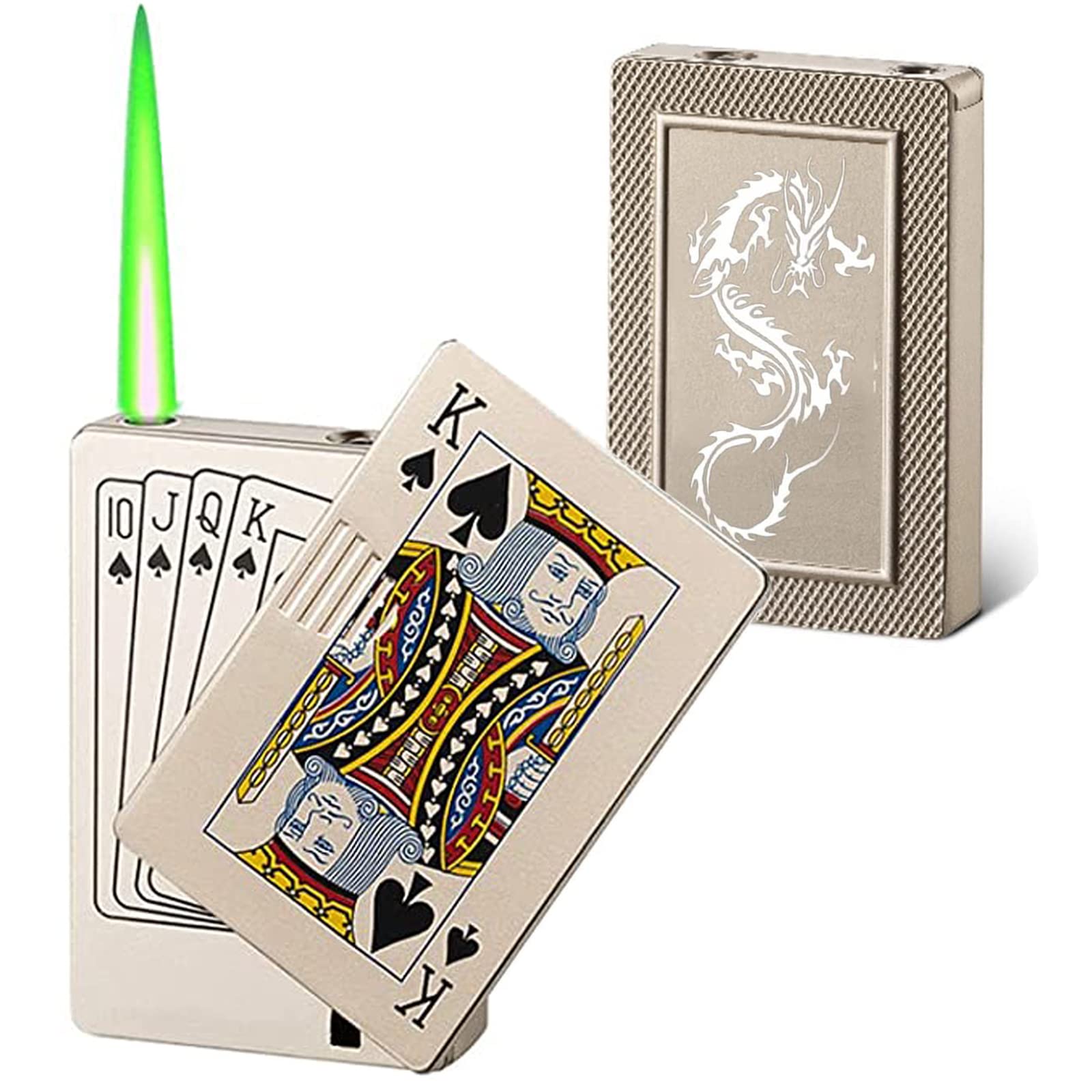 Windproof Torch Lighter with Jet Green Flame - Refillable Butane Gas Lighter with Metal Playing Cards Design - Perfect Gift for Men - Ideal for Outdoor, Camping, BBQ, Adventure & Birthday Parties (Gold)