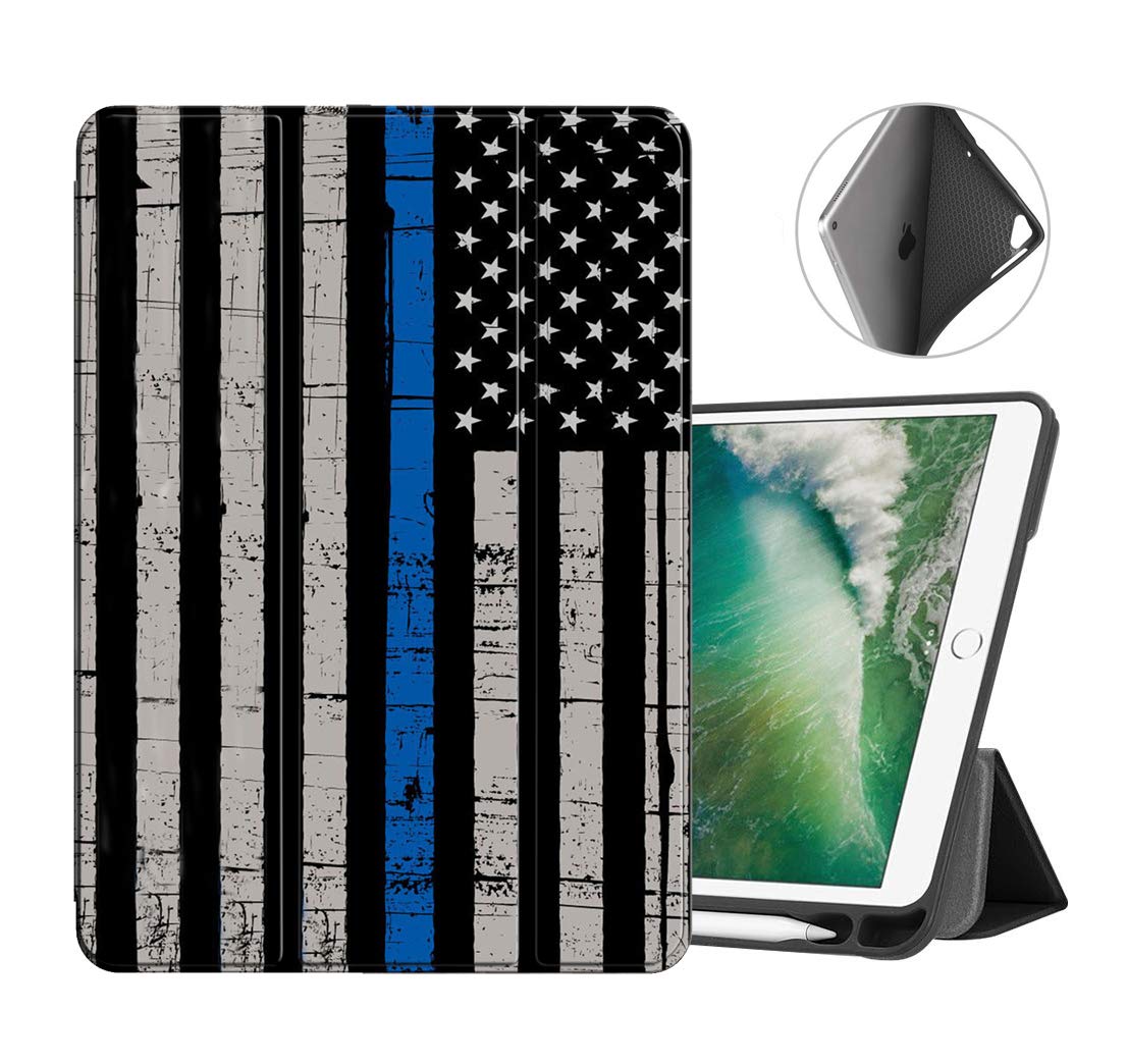 iPad 9.7 Case (2018/2017) & iPad Air 2/Air Case - Lightweight Smart Trifold Stand Cover with Auto Sleep/Wake | TPU Back Cover for iPad 6th/5th Generation - Thin Blue Line USA Flag Design | Perfect for Work, School & Travel Protection