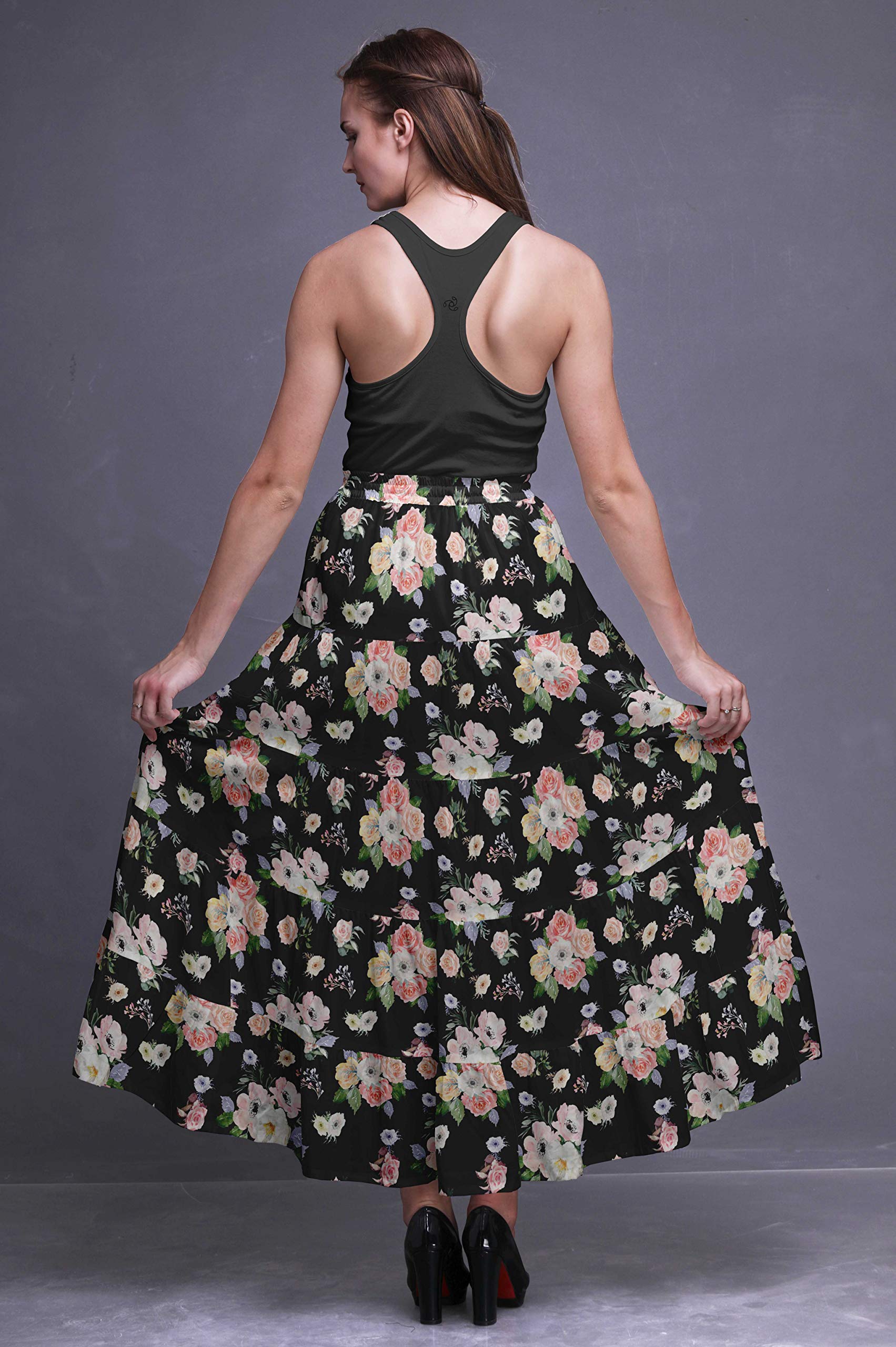 Boho Printed Long 5-Tier Cotton Skirt for Women | Flowy Maxi Skirt with Elastic Waistband | Perfect for Beach, Vacation & Summer Outfits