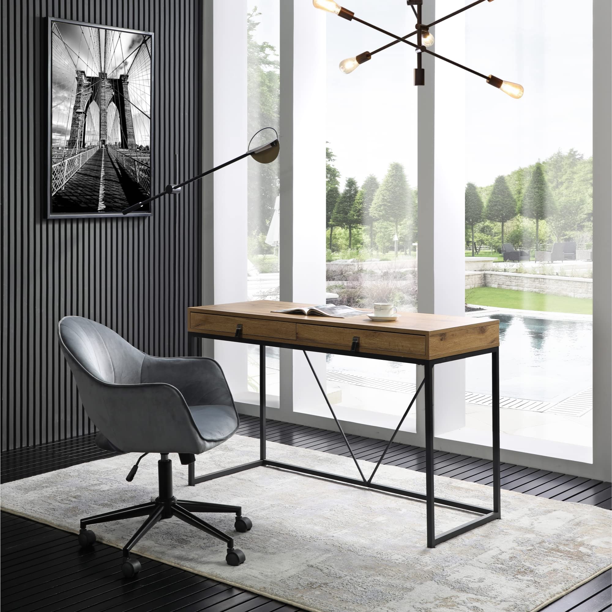 Scarlette Writing Desk with 2 Storage Drawers & Leather Handles - Natural/Black Finish | Home Office Furniture for Small Spaces, Study Desk for Students & Remote Workers