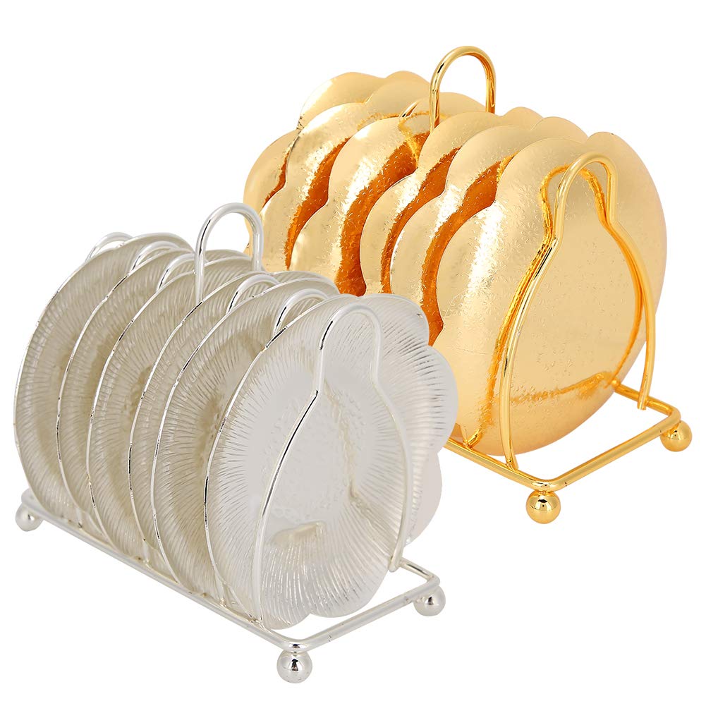 European Retro Metal Coasters Set with Holder - Heat Insulation Pads for Hot Drinks, Silver Kitchen Table Decor for Home & Office Use