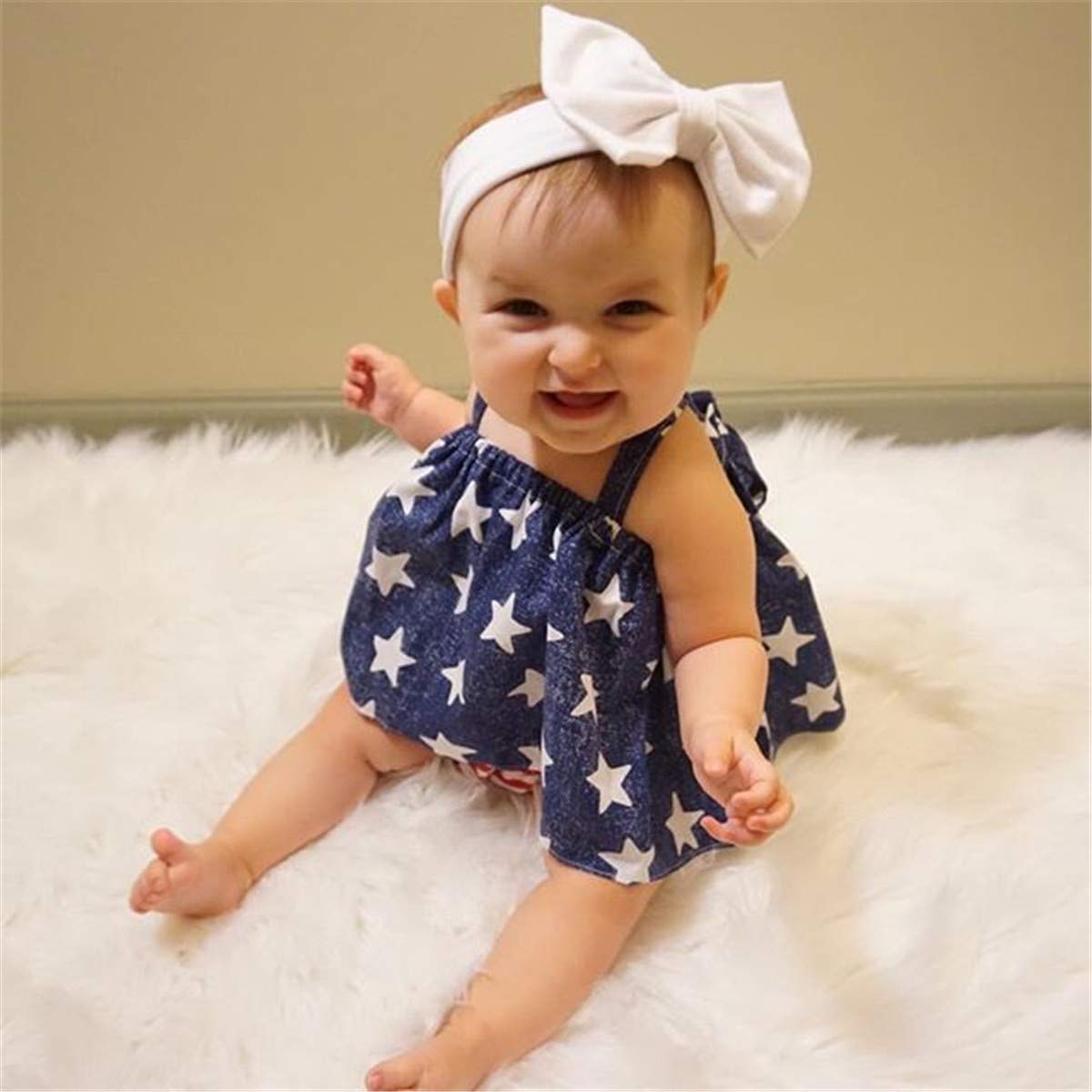 Adorable American Flag Baby Girl Outfits - Denim Top & Striped Shorts with Bow Headband 3-Piece Set | Perfect for 4th of July, Photo Shoots & Toddler Fashion