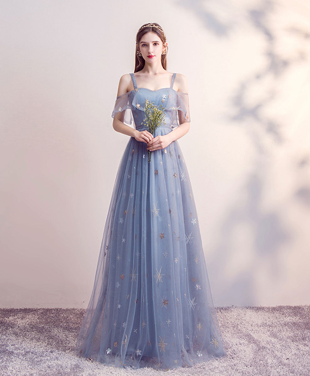 Elegant Blue Tulle Long Prom Dress & A-Line Bridesmaid Gown - Perfect for Formal Dances, Weddings, and Special Occasions