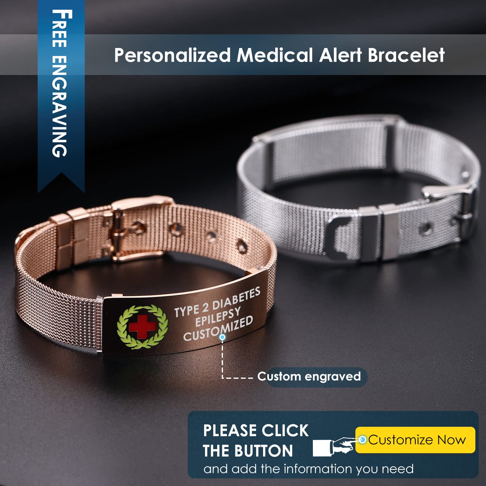 Custom Medical ID Bracelets for Women & Girls - Personalized Stainless Steel Mesh Emergency Alert Bracelet with Free Engraving & Adjustable Wristband | Perfect for Daily Wear, Travel & Health Safety
