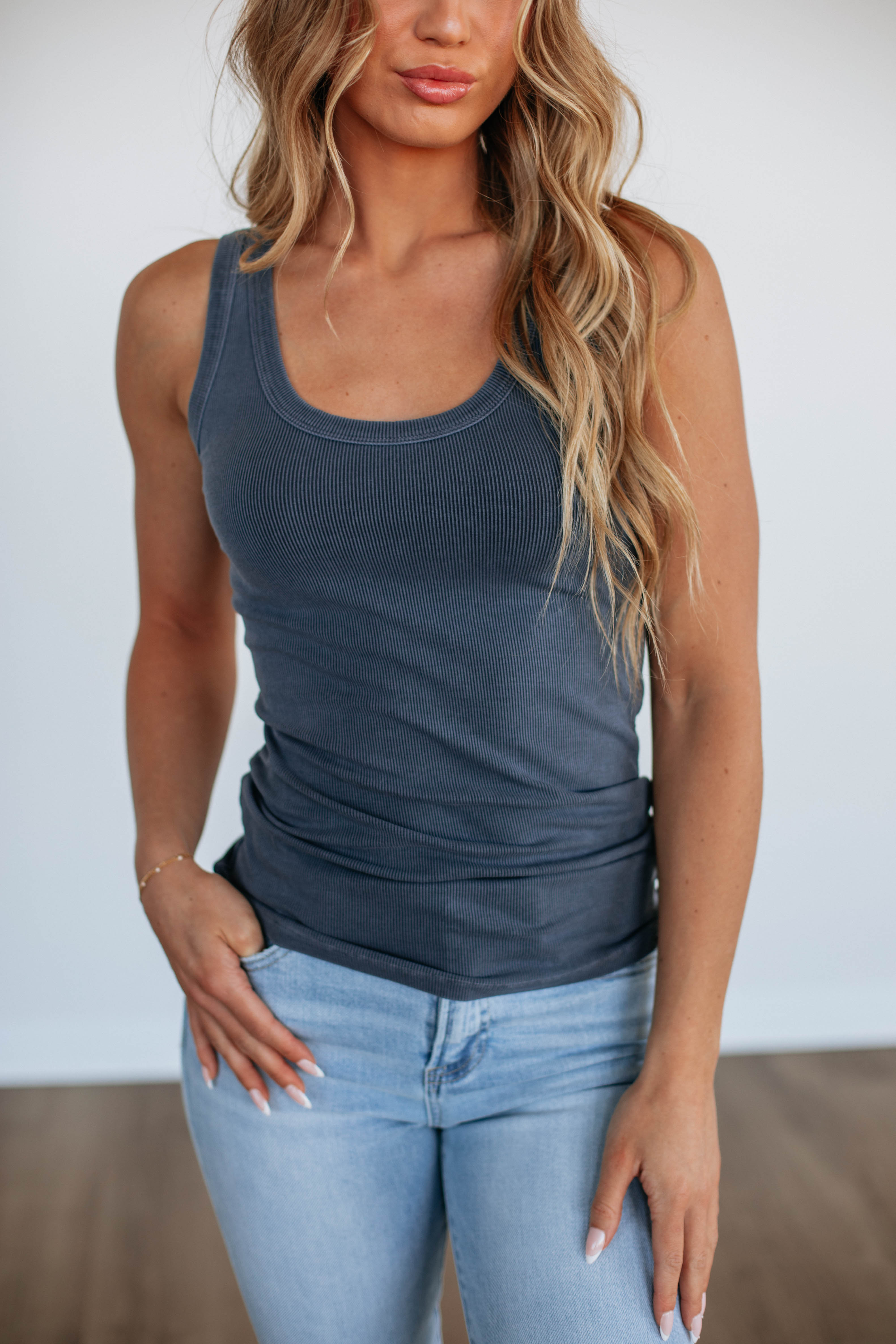 Brinney Ribbed Tank Top for Women - Dark Slate | Slim Fit Stretchy Comfortable Casual Wear for Summer, Gym, and Layering