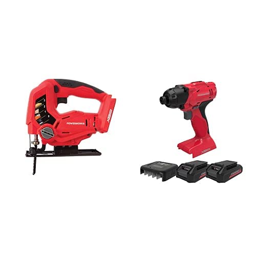 **POWERWORKS XB 20V Cordless Jig Saw and Impact Driver Combo Kit with 2 Batteries & Charger – Perfect for Woodworking, DIY Projects, and Home Repairs**