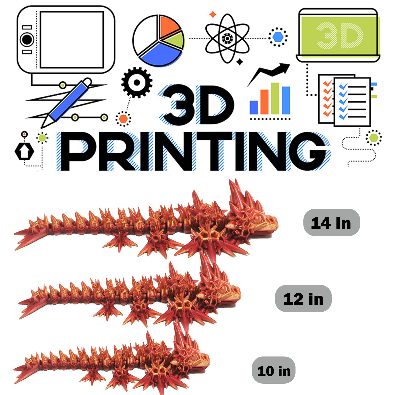 3D Printed Dragon Action Figure - Articulated Dragon Toy with Rotatable Joints for Stress Relief, 14 Inch Black Fantasy Collectible - Perfect for Desk Decor, Gift for Adults & Dragon Enthusiasts