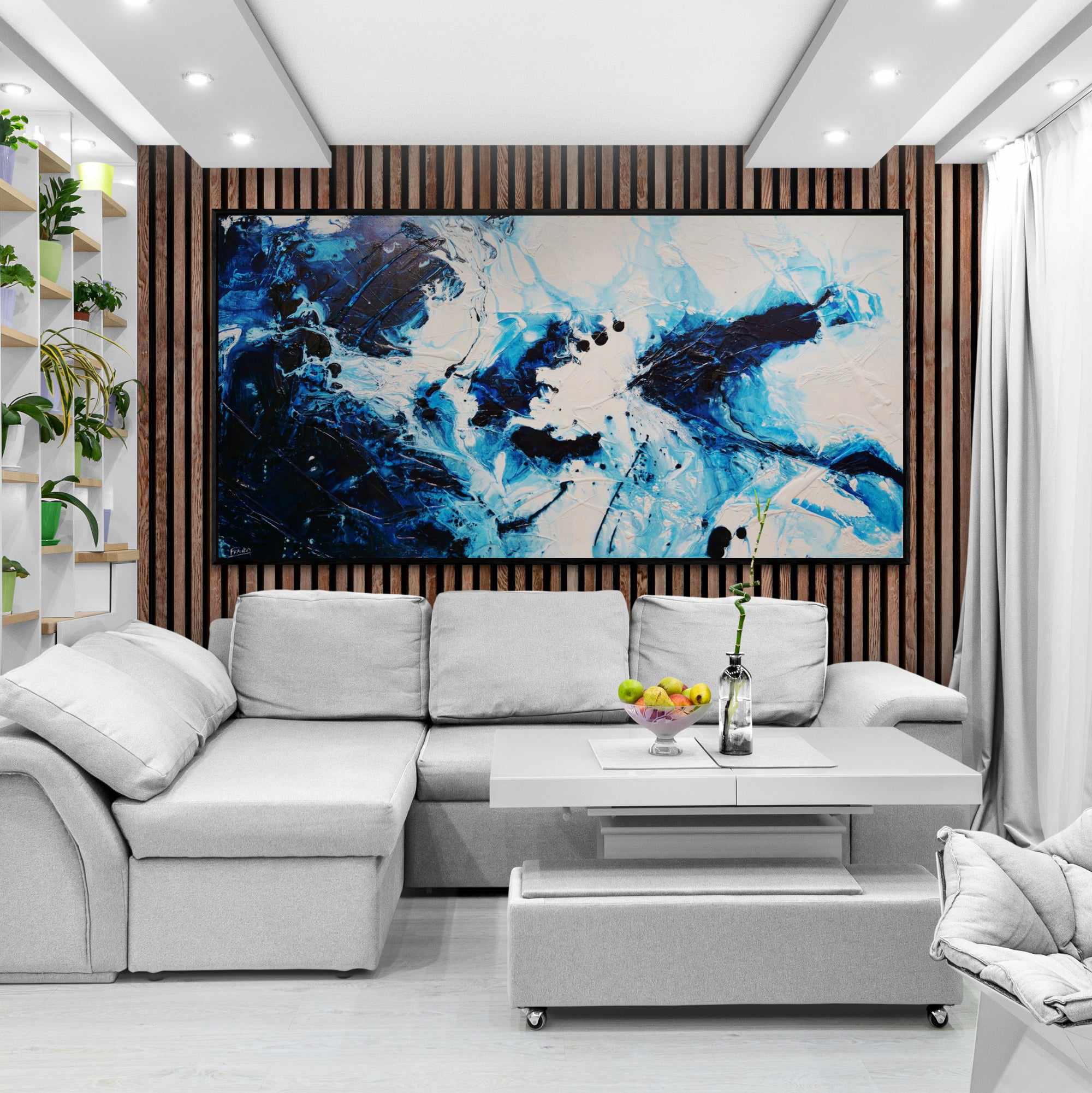 240cm x 120cm White and Blue Textured Abstract Canvas Painting - Modern Wall Art for Living Room, Bedroom, Office Decor | Midnight Candy Inspired Design