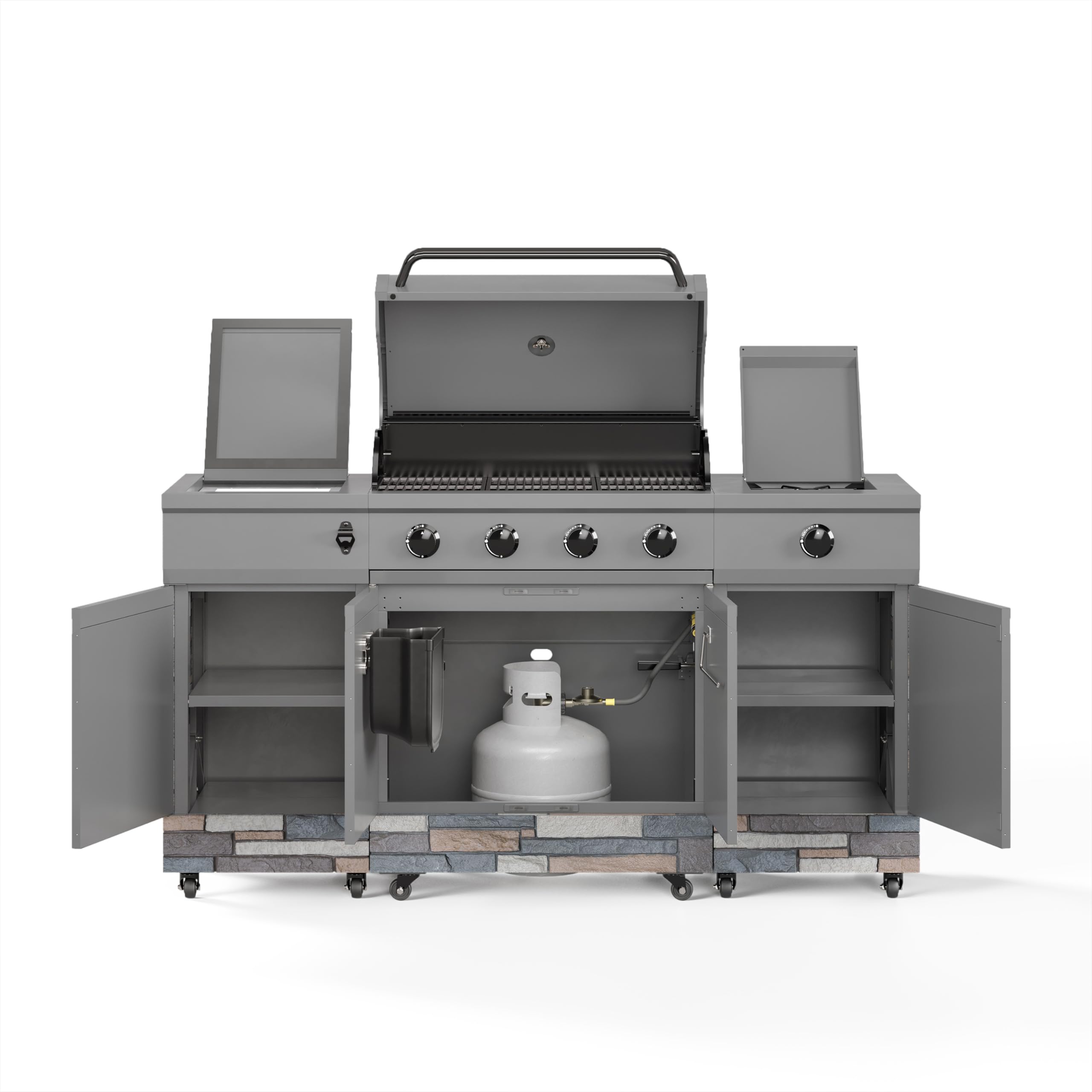 Tytus Fresno 60,000 BTU 5-Burner Propane or Natural Gas Outdoor Island Grill with Storage Cabinets - 864 sq. in. Cooking Area, 48,000 BTU Main Grill & 12,000 BTU Side Burner, Includes Ice Bucket - Perfect for Backyard BBQs, Patio Parties, and Outdoor Cooking