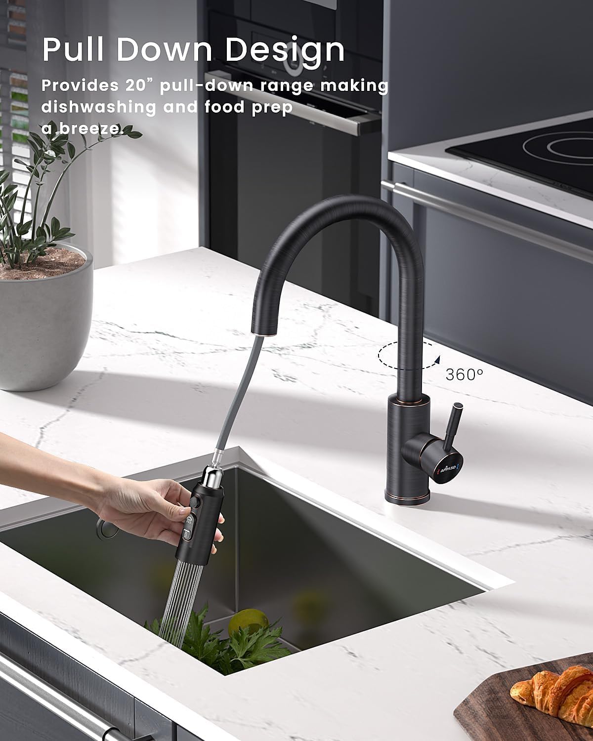 APPASO Oil Rubbed Bronze Kitchen Faucet with Pull Down Sprayer - 3 Function High Arc Single Handle Stainless Steel Sink Faucet for Modern Kitchens | Perfect for Washing Dishes, Filling Pots & Cleaning Vegetables