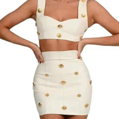 2023 New Summer Beige Color Golden Buttons Short Tank Top And Mini Skirt Set 2 Pieces Hotsweet Woman Evening Party Outfit | Casual Beachwear & Summer Date Night Outfit for Women