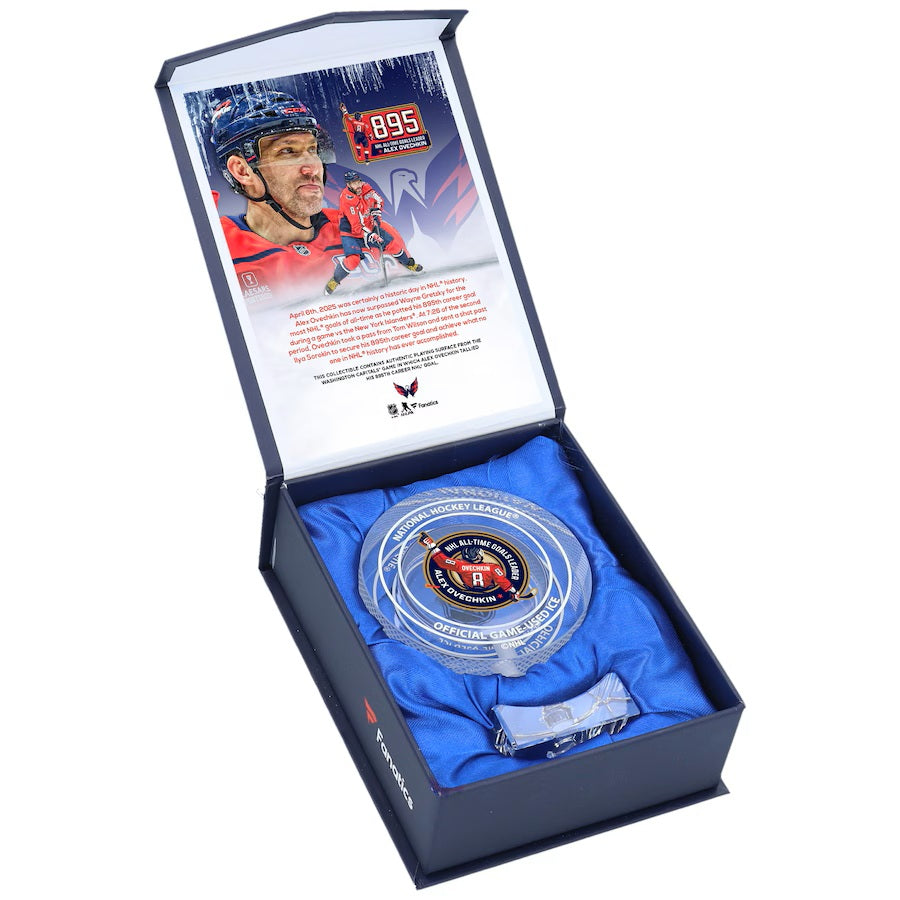 Alexander Ovechkin Washington Capitals Autographed Goal 895 Crystal Puck with Game-Used Ice - Limited Edition NHL Collectible for Hockey Fans & Memorabilia Display