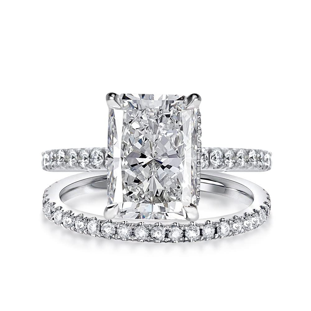 3.5 Carat Radiant Cut Lab Grown Diamond Engagement Ring Set - 925 Sterling Silver 18K White Gold Plated Wedding Band - Perfect for Proposals, Anniversaries & Special Occasions