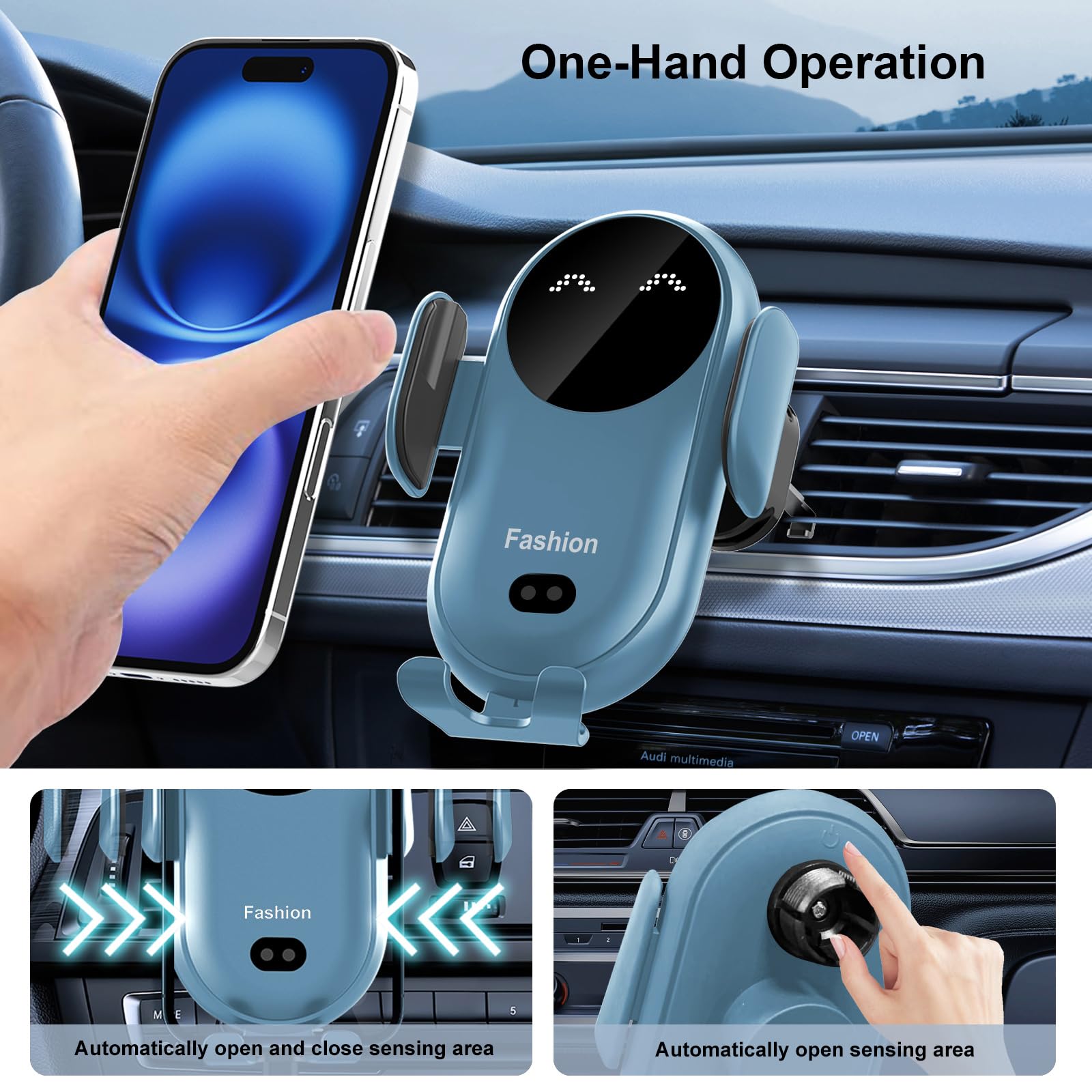 15W Qi Fast Wireless Car Charger Mount - Auto Clamping Air Vent Phone Holder for iPhone 16/15/14/13/12 Pro Max & Samsung Galaxy S22/S21/S20/Note 20 (Blue) | Perfect for Commuting & Road Trips