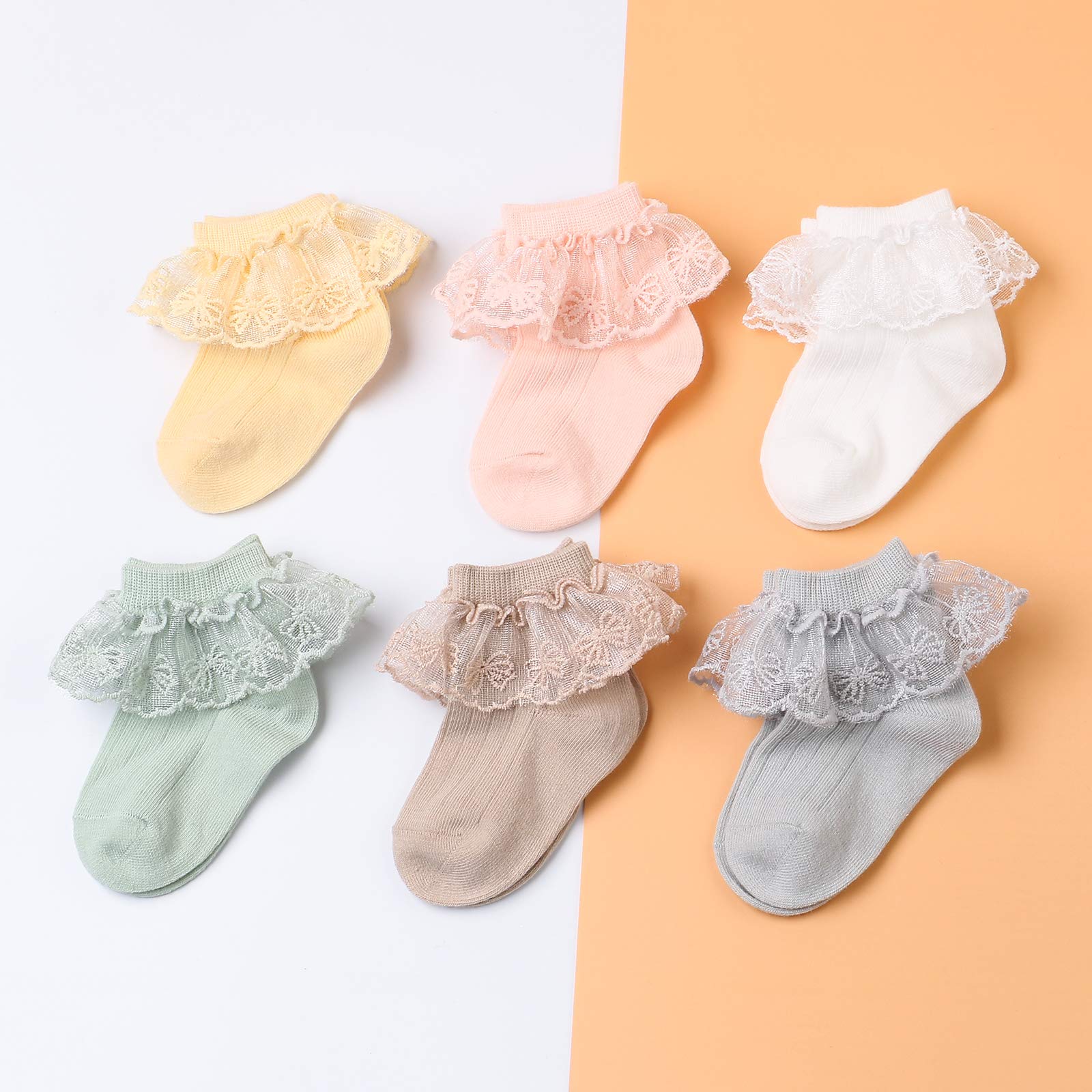 6 Pairs Baby Girls Socks - Newborn Ruffle Lace Cotton Socks for Princess - Soft Knit Frilly Socks for Infants & Toddlers - Perfect for Special Occasions, Photo Shoots & Daily Wear