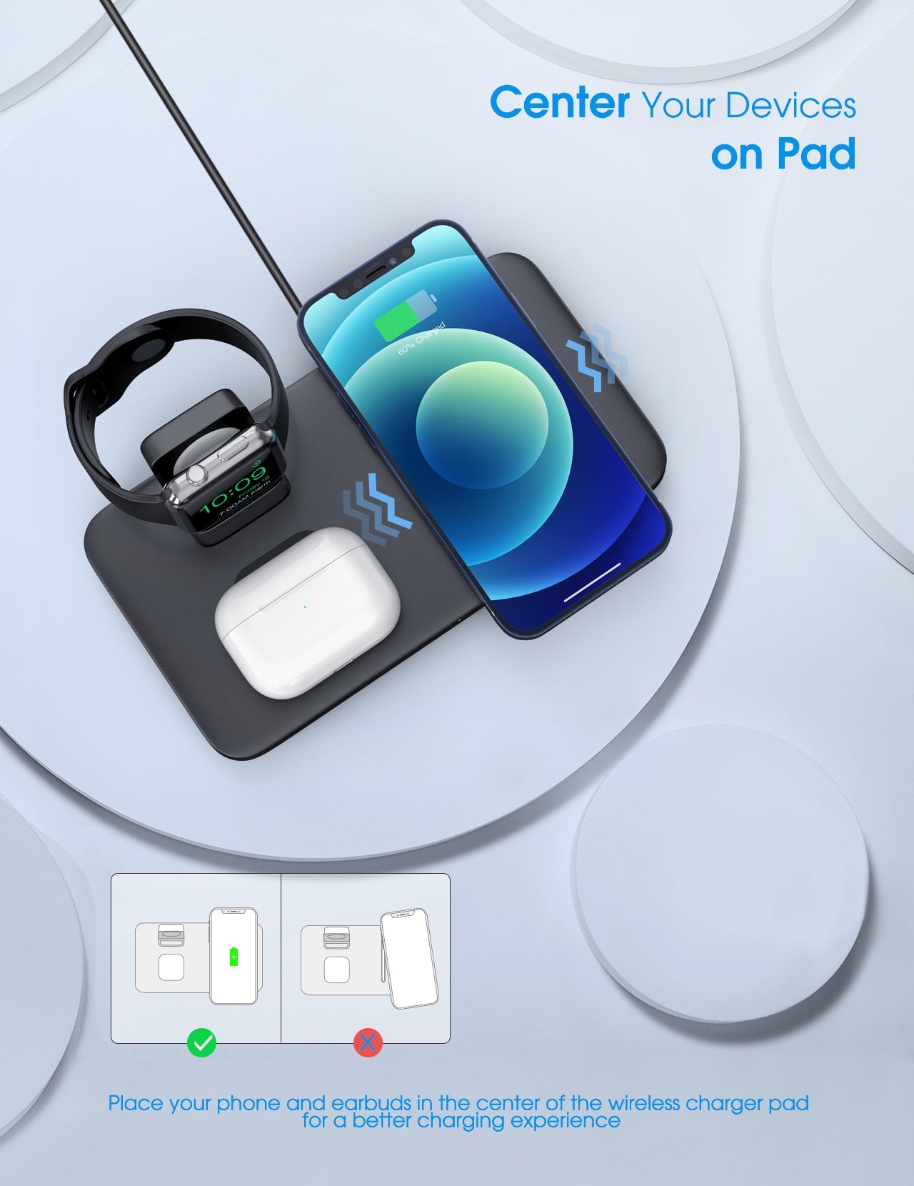 3-in-1 Fast Wireless Charging Stand for iPhone, Samsung & AirPods - Qi Certified Charging Station (No Adapter Included) - Perfect for Home, Office & Nightstand Use