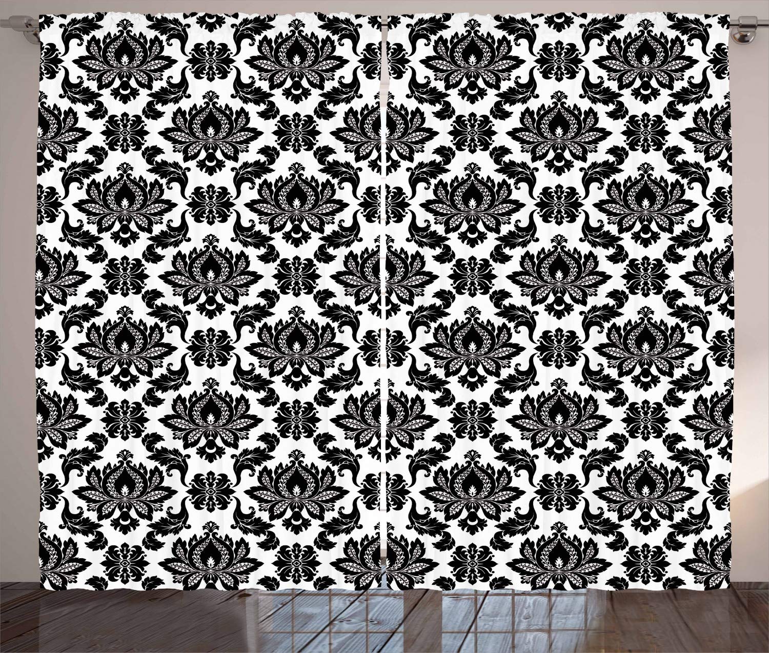Victorian Floral Damask Curtains - Black & White Baroque Art Design Window Drapes for Living Room & Bedroom, 108