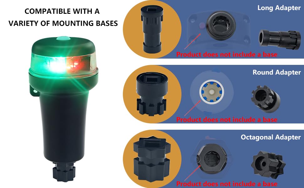 **Portable Kayak LED Navigation Lights - Waterproof Surface Mount with Adhesive Base, Multi-Adaptors for 3AA Battery (Red + Green) - Perfect for Inflatable Boats, Canoes, and Night Fishing**
