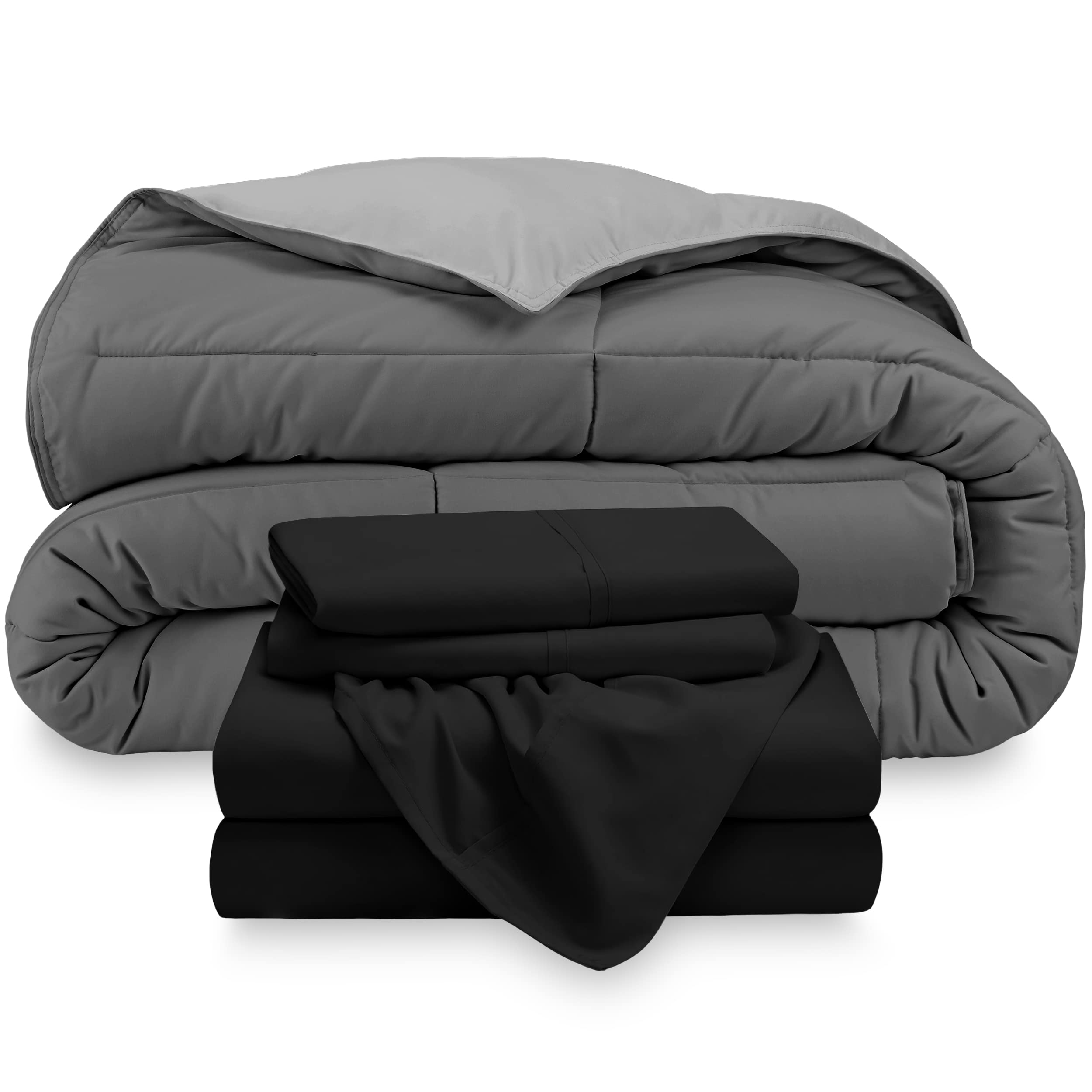 Bare Home Reversible 6-Piece Split King Comforter & Sheet Set - Down Alternative, Ultra Soft Bedding - Grey/Light Grey & Black - Perfect for Master Bedroom & Guest Room Luxury Comfort