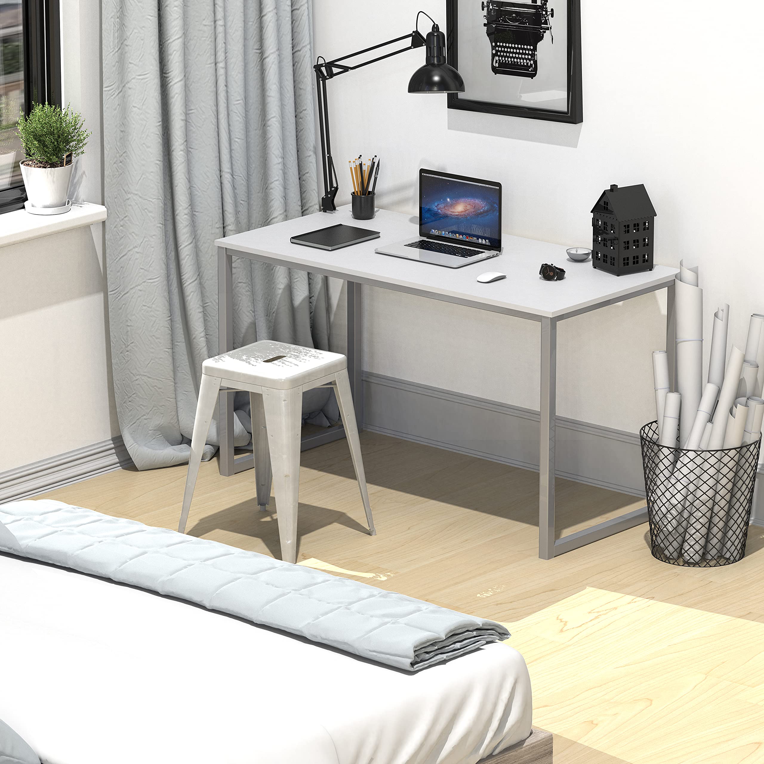 SHW Mission 40-Inch Home Office Computer Desk in White - Modern Writing Desk for Small Spaces, Work from Home & Study Room Furniture - Perfect for Remote Work, Online Classes & Gaming Setup