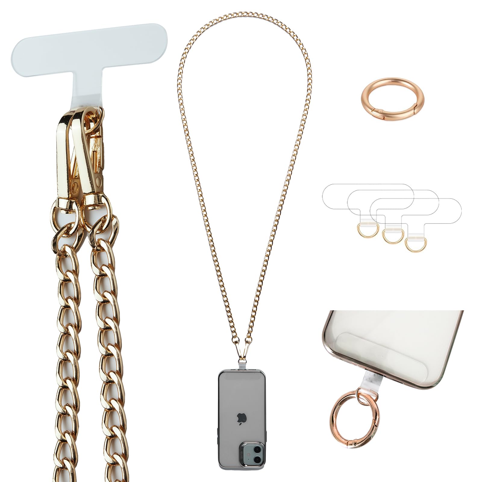 Universal Crossbody Phone Lanyard with 3 Pad Patches - Adjustable Shoulder Strap for iPhone 15 Pro Max/14/13/12/11, Samsung S24/Flip 5, Google & Moto - Gold Phone Charm Neck Chain (Perfect for Travel, Shopping & Hands-Free Convenience)