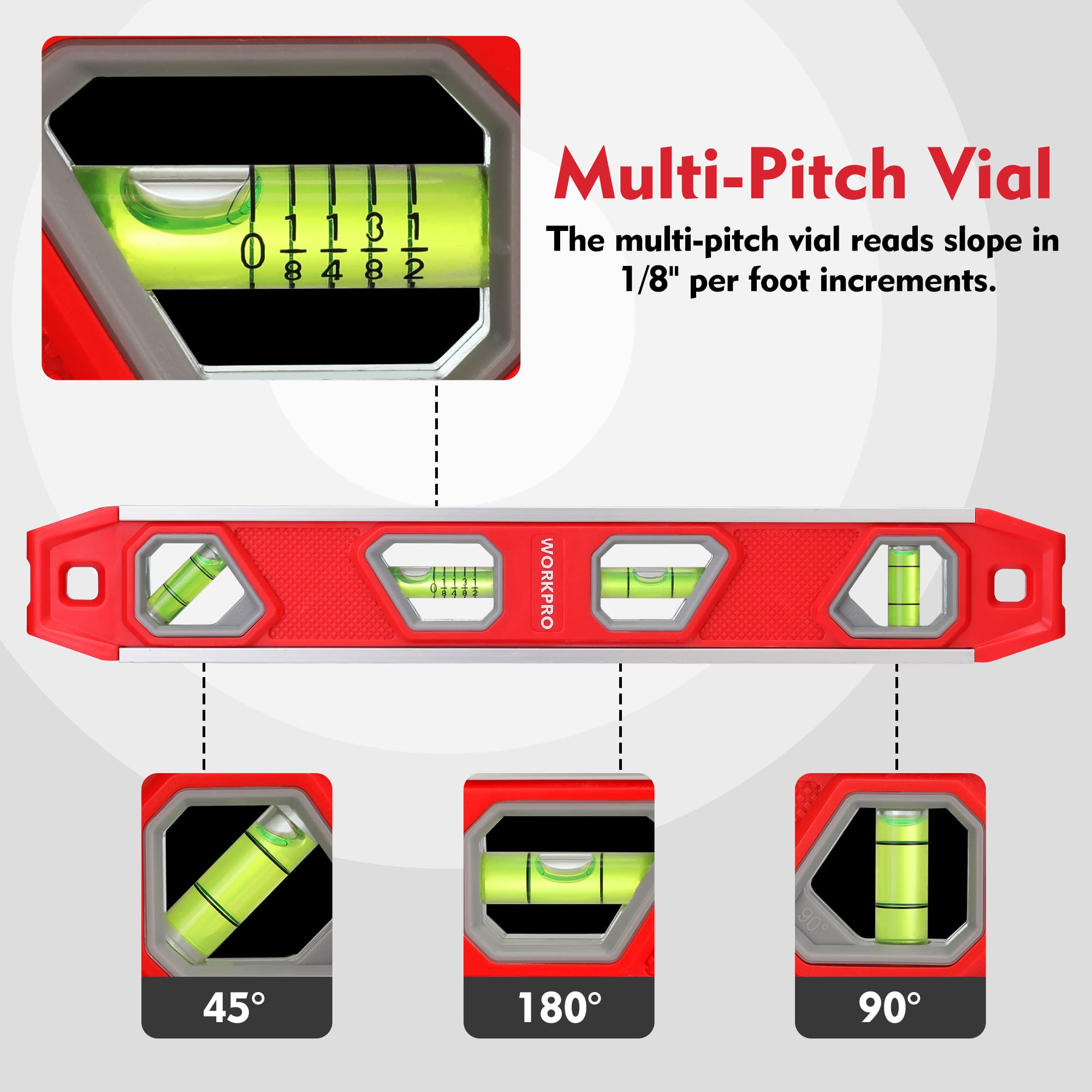 WORKPRO 12 Inch Magnetic Torpedo Level - Aluminum Reinforced with 4 Bubbles & V-Groove for Conduit Bending - Perfect for Plumbing, Construction, and DIY Home Improvement Projects
