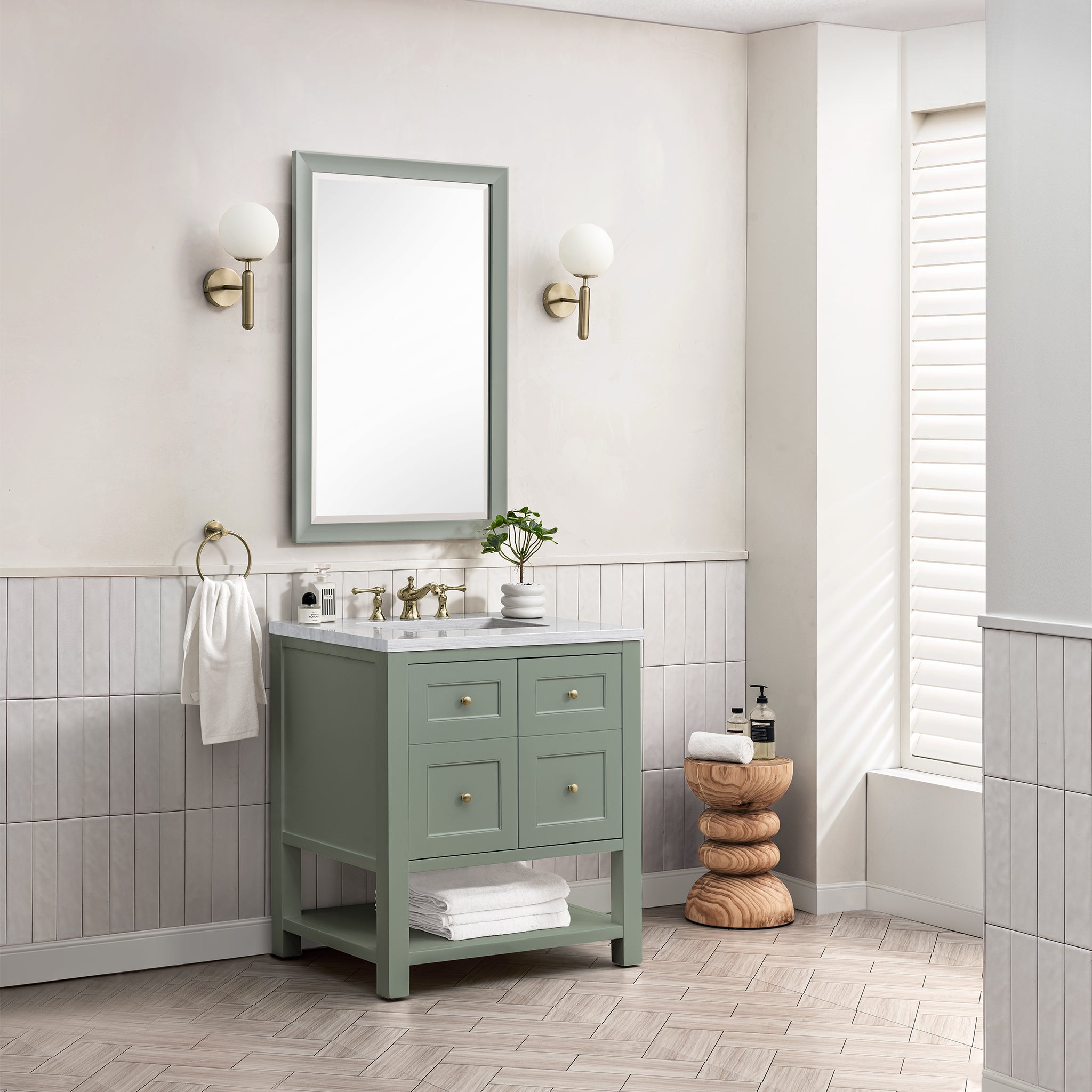 Breckenridge 30 Inch Single Bathroom Vanity with Smokey Celadon Finish and 3CM Arctic Fall Quartz Top - Perfect for Modern Bathroom Remodeling and Home Renovation Projects