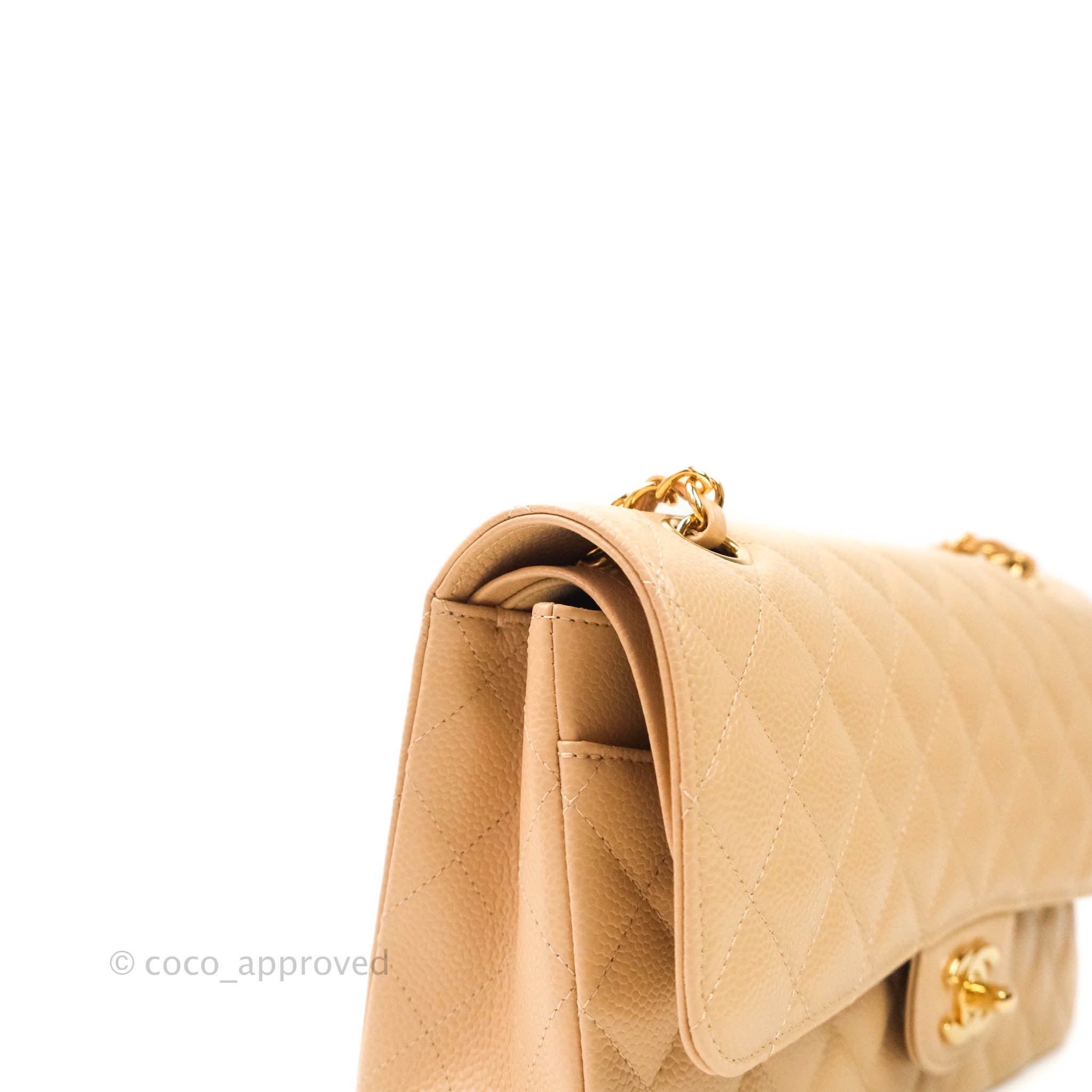 Chanel Classic Medium Double Flap Bag in Beige Caviar Leather with Gold Hardware - Luxury Handbag for Women, Perfect for Work, Evening Events & Special Occasions